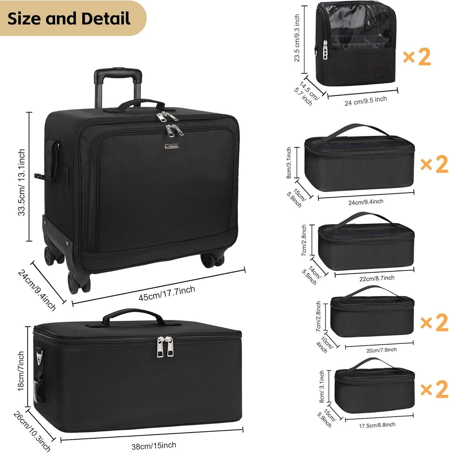 Rolling Makeup Bag Professional Makeup Artist Bags 4 in 1 Rolling Cosmetics Case Organizer Extra Large Trolley Travel Case with 360° Swivel Wheels and Adjustable Dividers