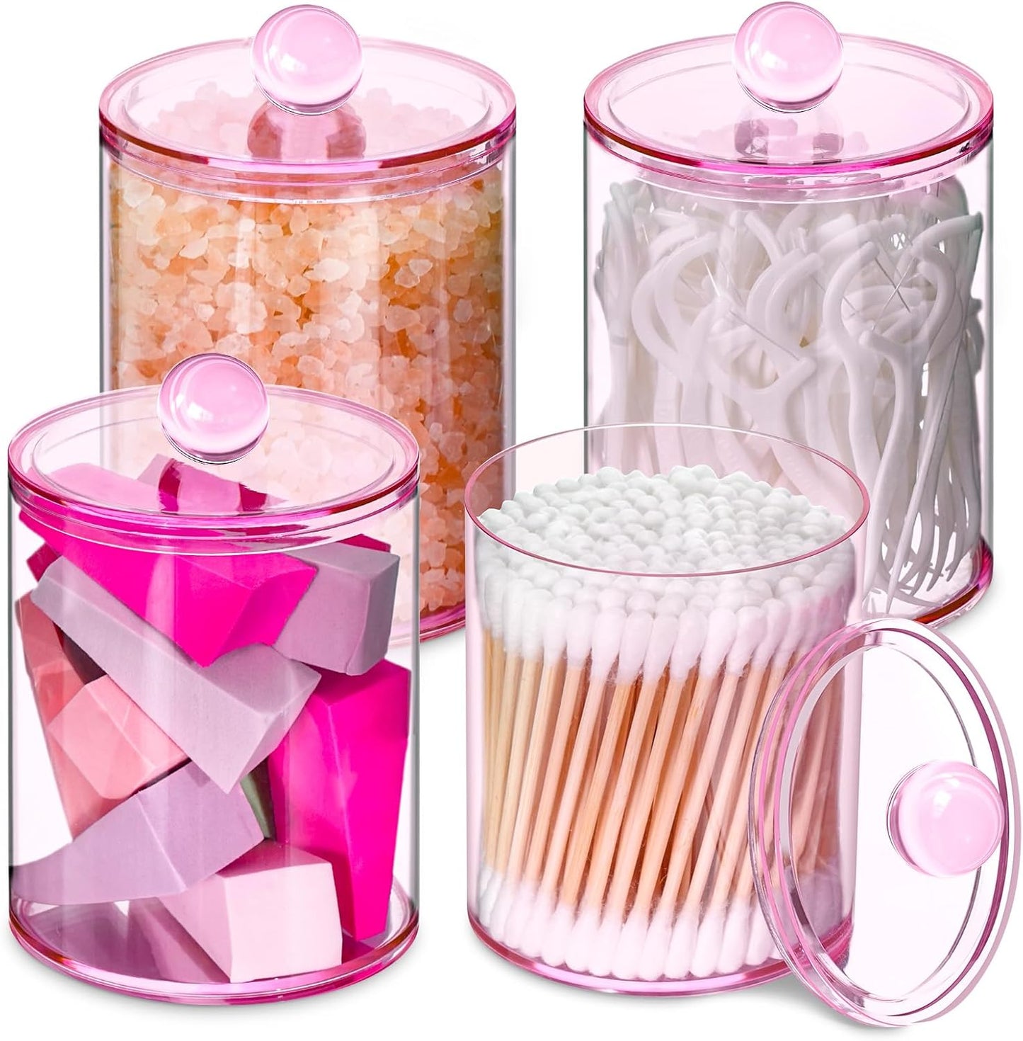 4 Pack Qtip Holder,Canister Apothecary Jar Set, Bathroom Jars with Lids Set for Cotton Swabs, Balls, Pads, Floss Picks,10oz-12oz Plastic Canisters Restroom Bedroom Vanity Organizer(Pink)