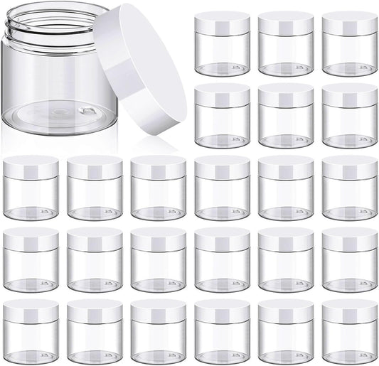 TUZAZO 24 Pack 2 Oz Small Plastic Container Jars with Lids and Labels BPA Free, Empty Round Clear Cosmetic Containers Plastic Slime Jars for Lotion, Cream, Ointments, Samples, Travel Storage (24)