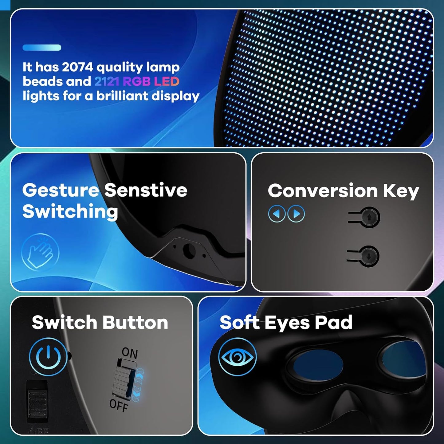 AIGLUN LED Face Transforming Mask with Gesture Control Fun - Cool stuff Halloween Cosplay and Christmas Parties