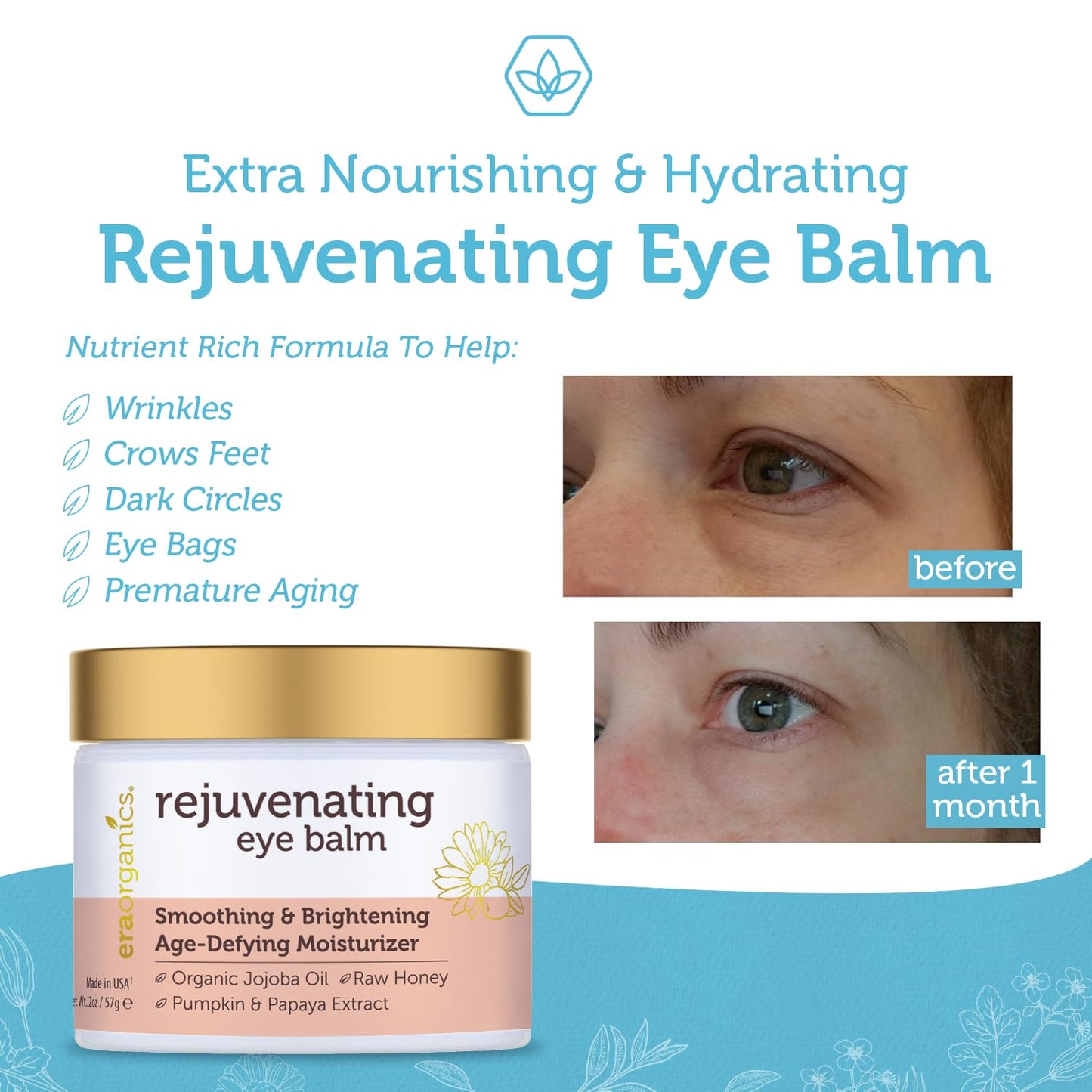 USDA Organic Eye Moisturizer Cream - Rejuvenating and Nourishing Age Defying Under Eye Balm - Natural Eye Cream for Sensitive Skin With Jojoba Oil, Agran Oil for Puffiness, Fine Lines and More