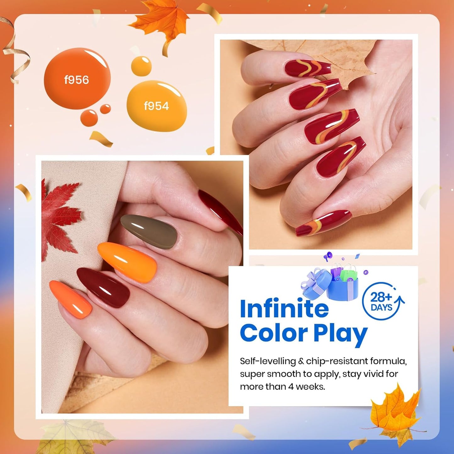Beetles Fall Gel Nail Polish Set - 6 Colors Burgundy Red Orange Yellow Brown Gel Polish Kit for Nails, Autumn Leaves Soak Off UV LED Nail Gel Manicure at Home Gifts for Women