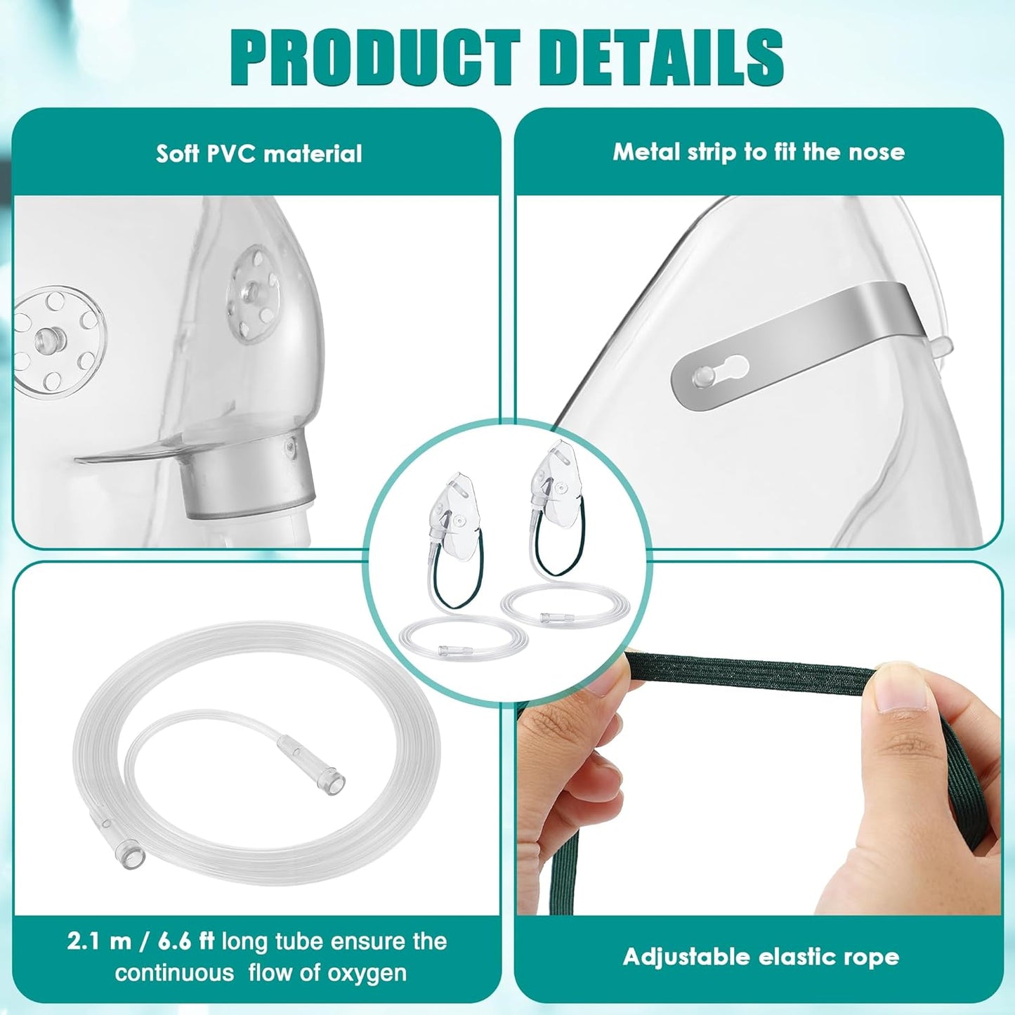 Geiserailie 2 Pack L Size Oxygen Mask with 6.6 Ft Tubing and Adjustable Elastic Strap, Adult Oxygen Mask with Tubing, Transparent Oxygen Masks for Face Adult