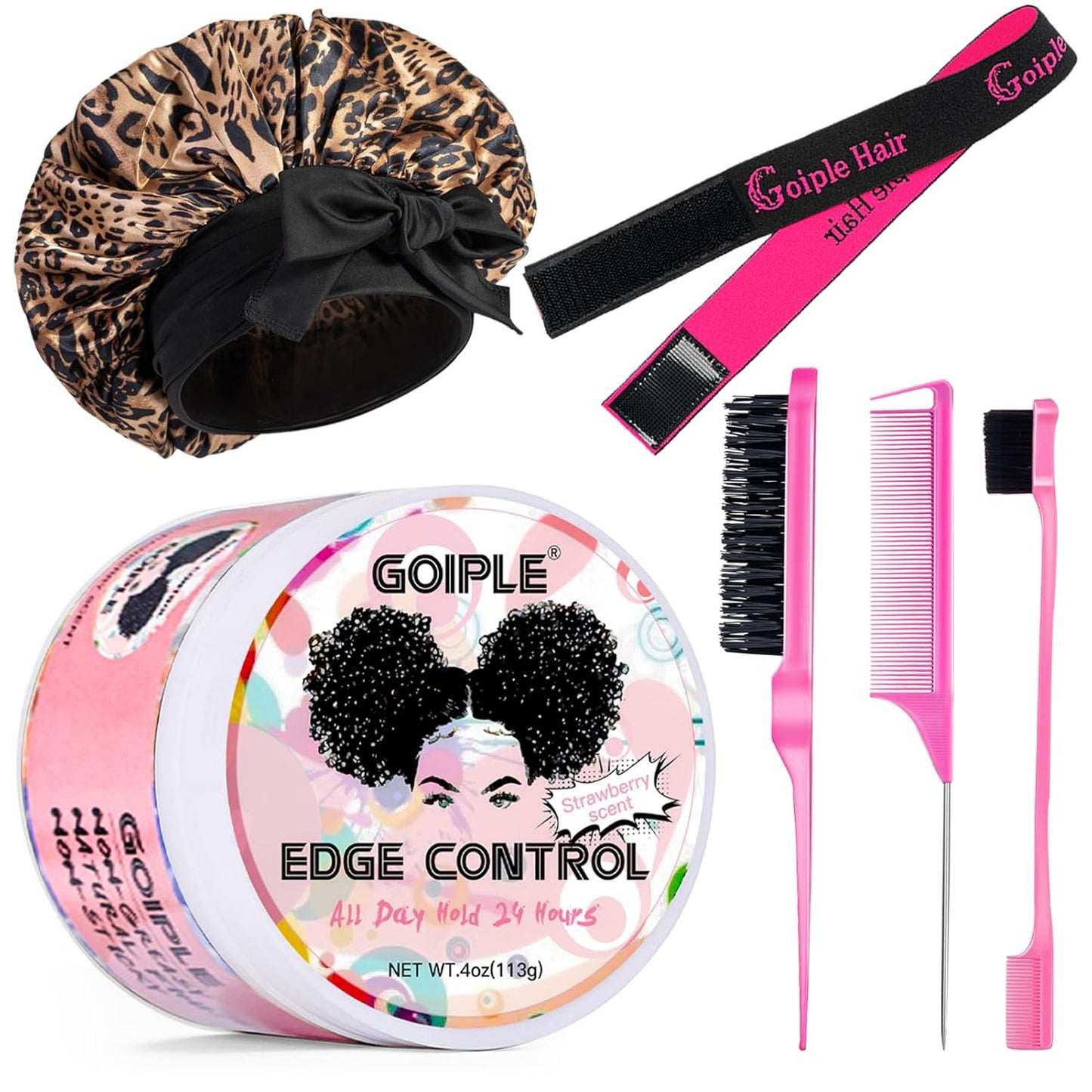 Goiple Edge Control Wax for Women Strong Hold Non-greasy Edge Smoother Strawberry Scent Edge Control Wax + Edge Scarf + Hair Bonnet, Pink