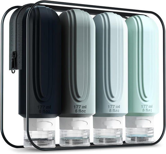 Travel Bottles for Toiletries, Large 6oz Oversize Containers, BPA Free Leak Proof Tubs Refillable Liquid Traveler Accessories with Toiletry Bag for Cometic Shampoo and Lotion Soap (4 Pack)