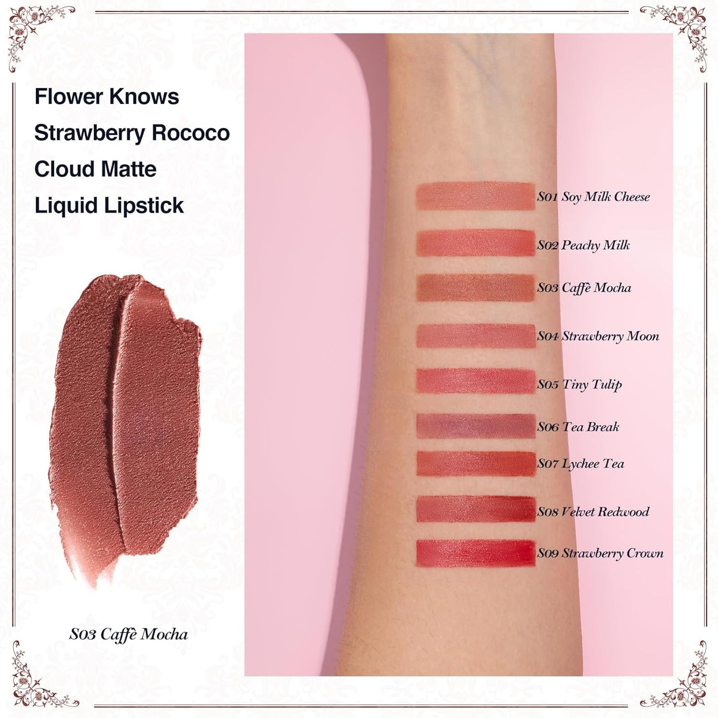 Flower Knows Strawberry Rococo Cloud Lip Cream,Velvety Matte Liquid Lipstick,Nude Lipstick,Long Lasting Lip Stain,Kiss-proof Blurred Lipstick for Girls&Women,0.12 Fl Oz(S03 Caffe Mocha)