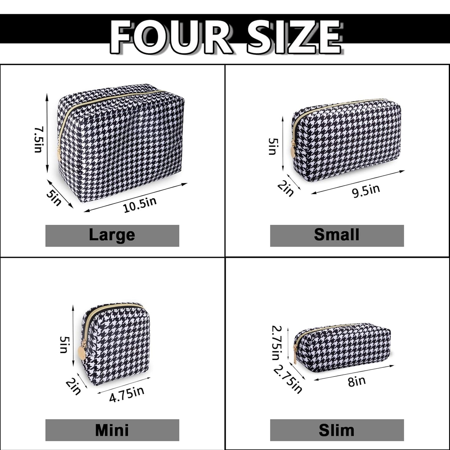 Small Pencil Case Makeup Bag for Purse, Cute Pencil Pouch Nylon Preppy Houndstooth Makeup Brush Bag with Zipper, Girl Portable Stationery Storage Case Small Pen Bag for Office School(Slim-Houndstooth)
