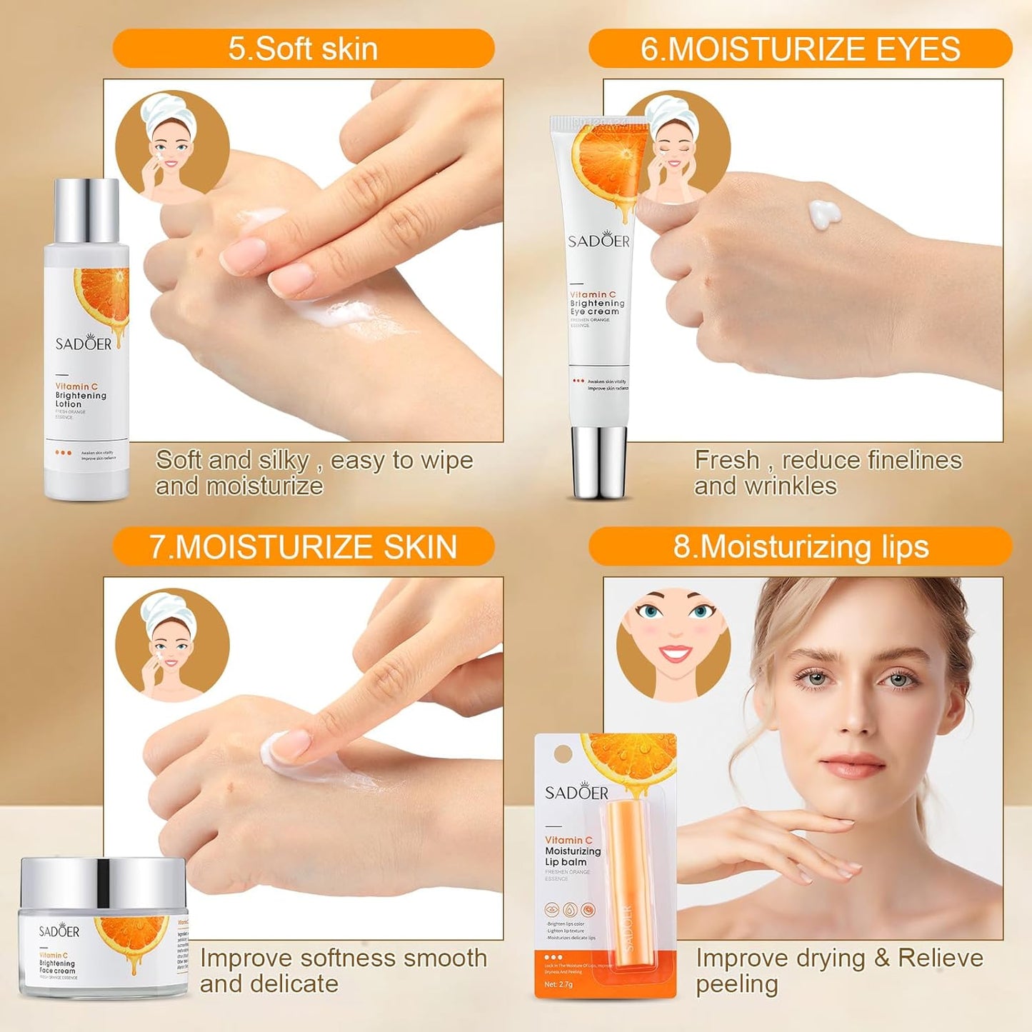 10 Pcs Skin Care Sets Face Care Set for Women Includes 1 Pcs Cleanser, Toner, Lotion, Eye Cream, Serum, Face Cream, Lip Balm and 3 Facial Masks Skincare Gift for Girls (Vitamin C)