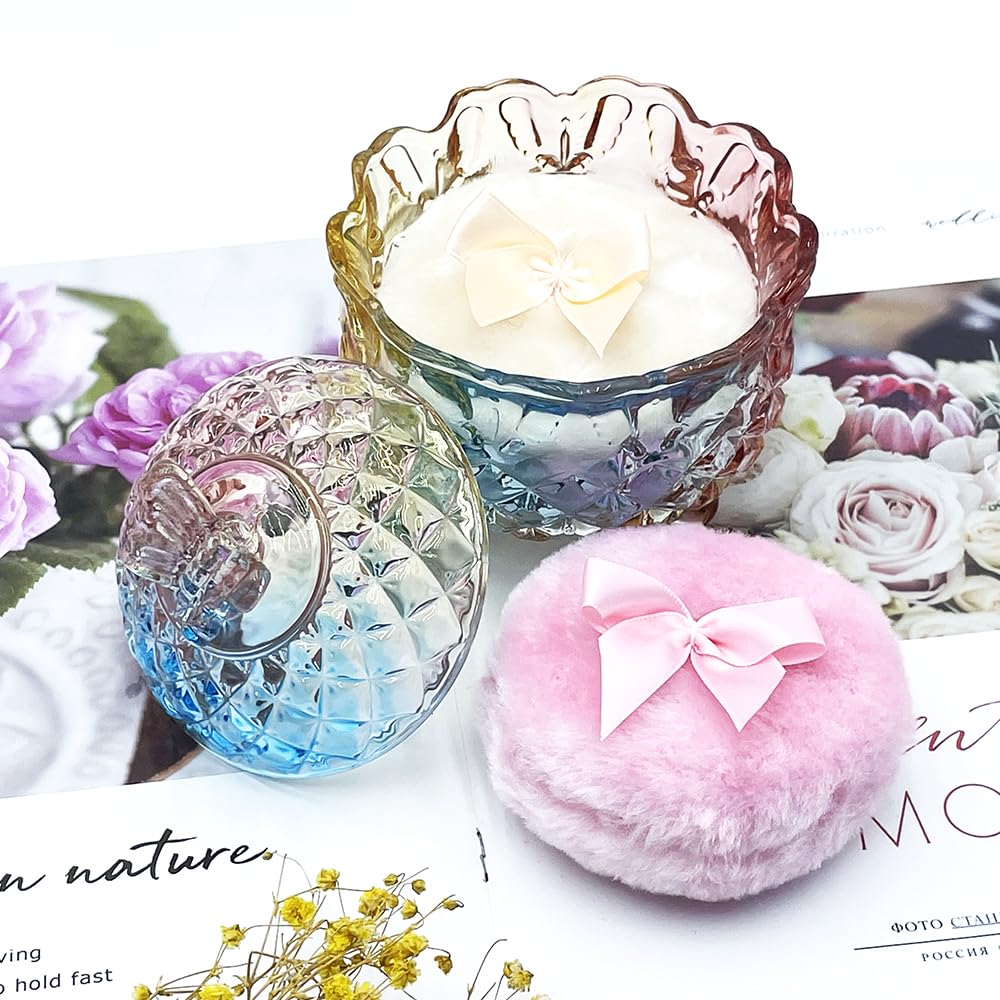 Luxury 4 Inch Glass Loose Powder Container with 2 Soft 3.5" Puffs｜Non-Sealed Refillable Organizer Storage for Body Powder Makeup & Jewelry & Setting Applicator(Butterfly-Colorful)