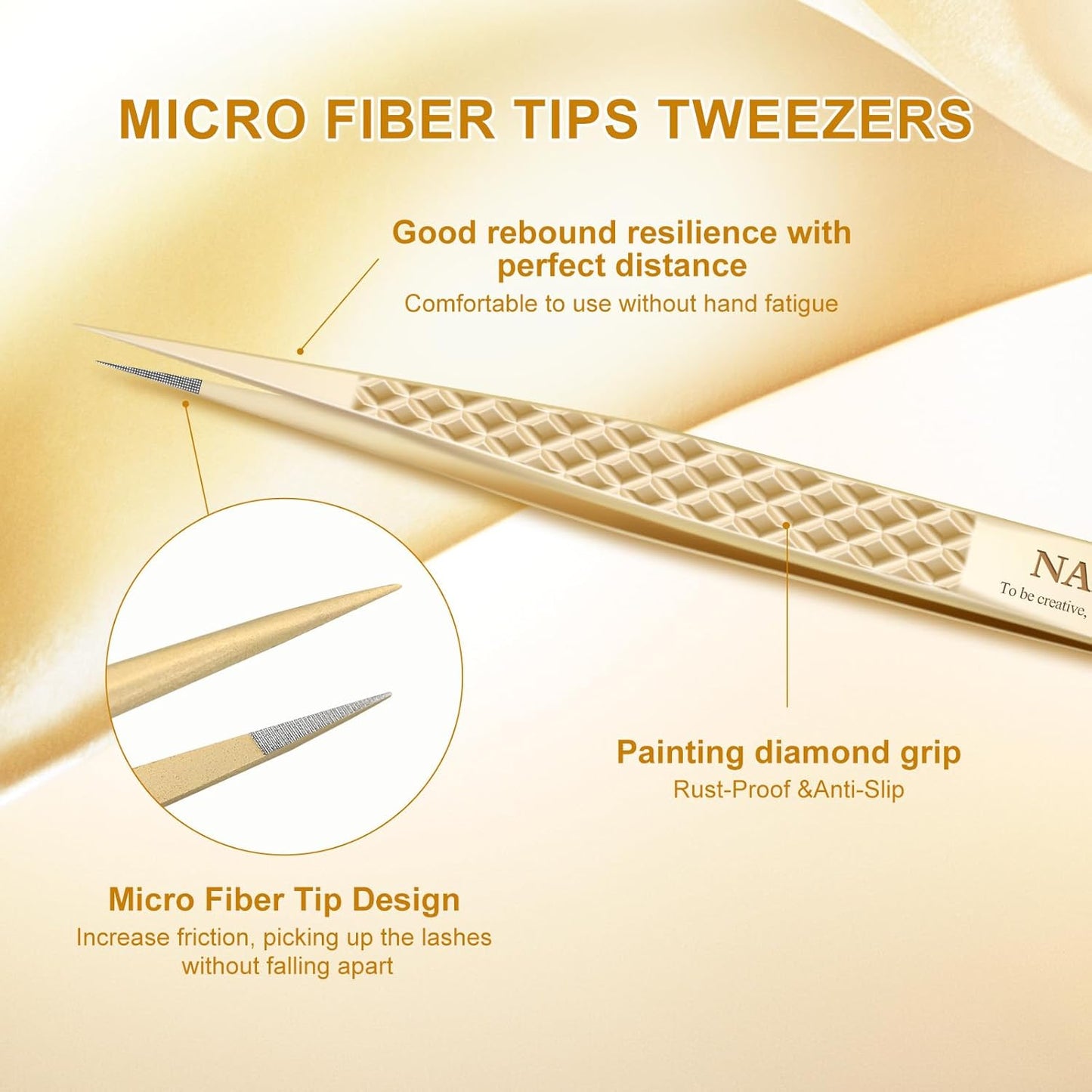 NAGARAKU Eyelash Tweezers, Precision Fiber Tip Tweezer for Eyelash Extensions Diamond Grip Anti-Static Anti-Slip Premium Gold Stainless Steel Pointed Lash Tweezers -Straight Tip Classic Tweezer AG-03