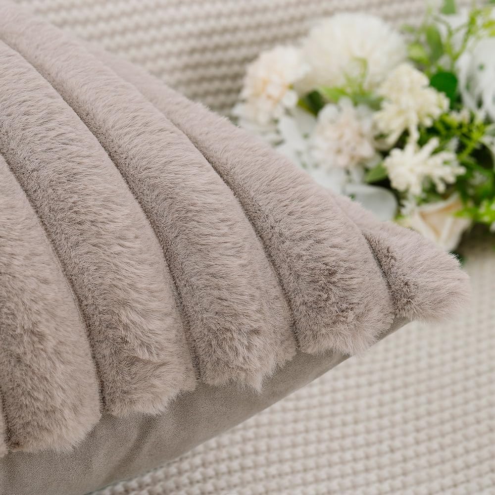 MADIZZ Set of 2 Faux Wool Plush Decorative Throw Pillow Covers 24x24 Inch Taupe Fluffy Striped Soft Decorative Cushion Cover for Sofa Bedroom Pillow Shell