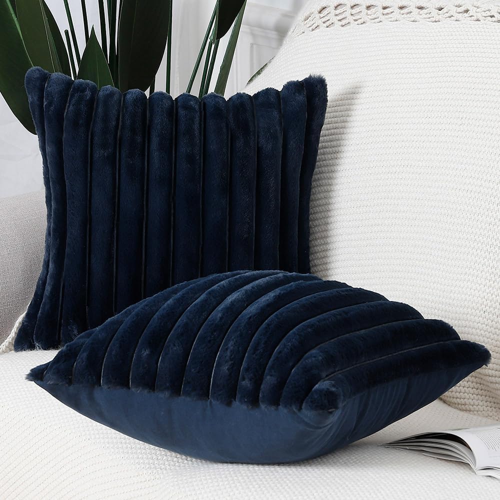 MADIZZ Set of 2 Faux Wool Plush Decorative Throw Pillow Covers 24x24 Inch Dark Blue Fluffy Striped Soft Decorative Cushion Cover for Sofa Bedroom Pillow Shell