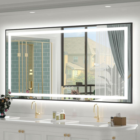 OKPAL 68x40 Black LED Bathroom Mirror with Lights, Frontlit & Backlit LED Mirror for Bathroom, Lighted Bathroom Vanity Mirror, Anti-Fog, Dimmable 3 Colors, Shatterproof, Horizontal/Vertical