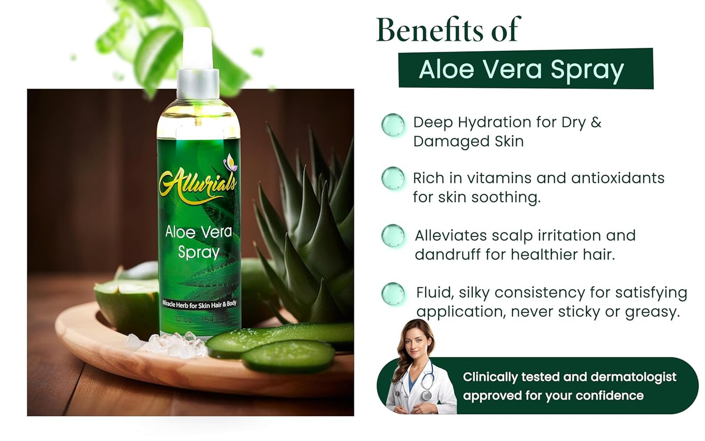 99.75% Pure & Organic Aloe Vera Spray, Clinically tested & Dermatologist approved, Hydrates & Heals Dry & Damaged Skin & Hair- 12 Oz