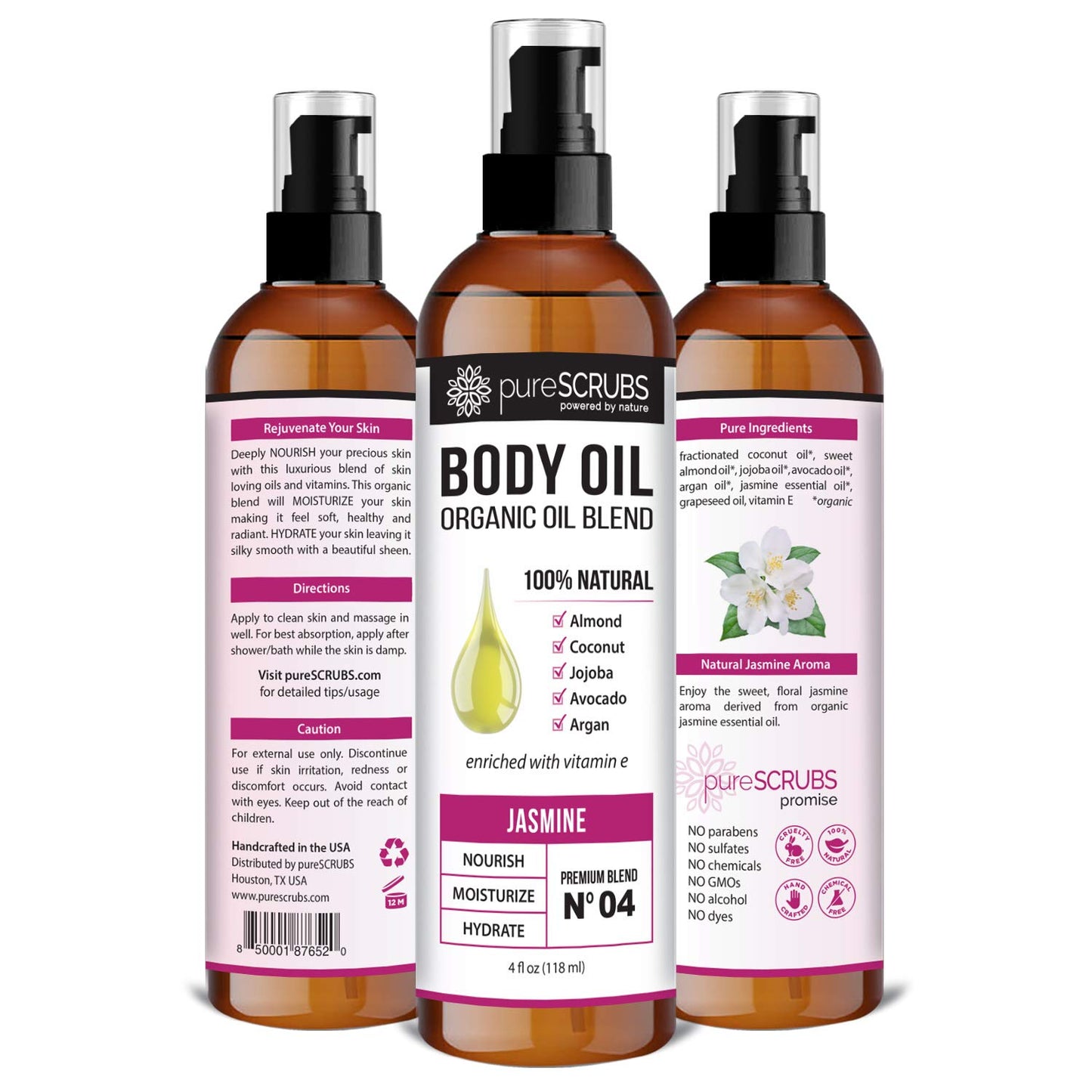 pureSCRUBS Ultra Moisturizing Jasmine Body Oil Spray for Dry Skin, Massage, Cuticles & More - Organic Super Blend of Jojoba, Argan, Coconut, Sweet Almond & Avocado Enriched with Vitamin E, Lg 4oz