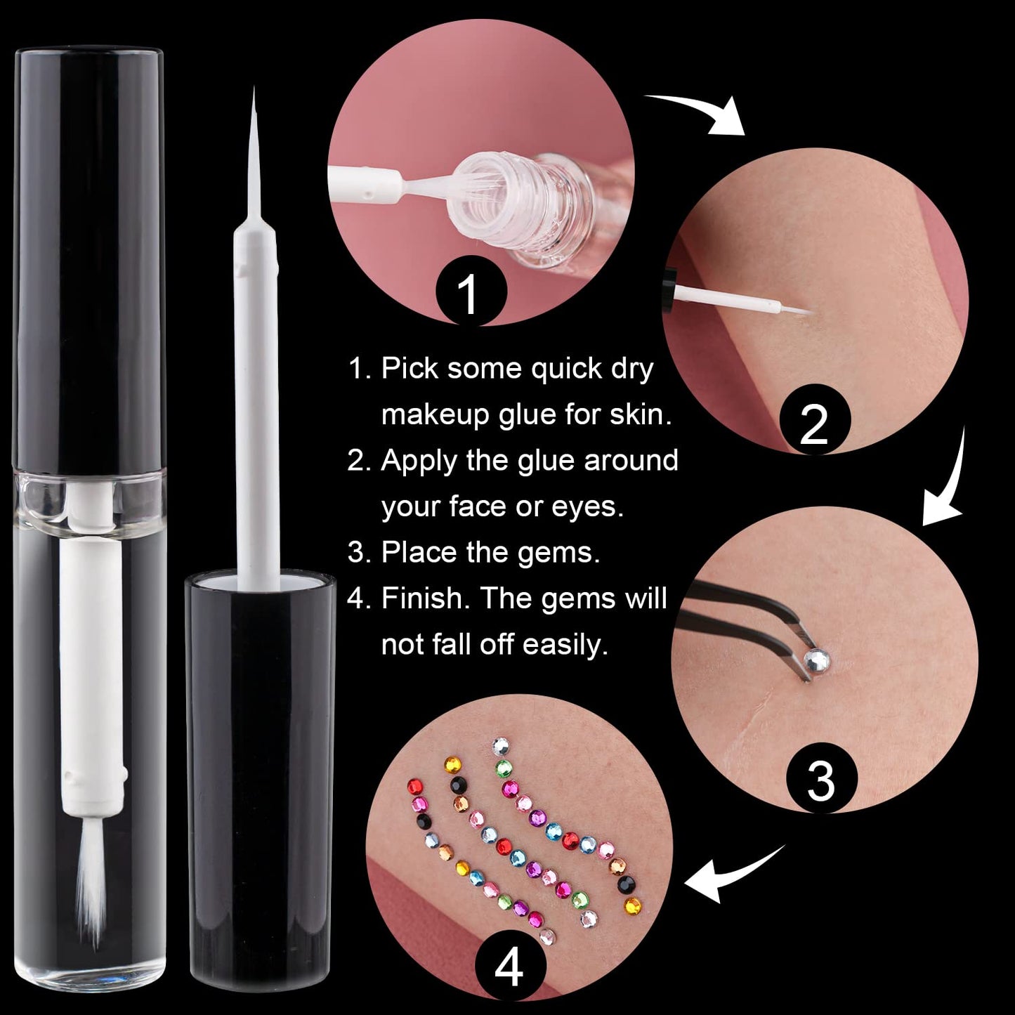 Flat Back Rhinestone+Half Round Pearl Kits Colorful Rhinestones+White AB&Beige AB Pearls With Quick Dry Makeup Glue+Picker Pencil+Tweezer For Nail Art And Face Make-up