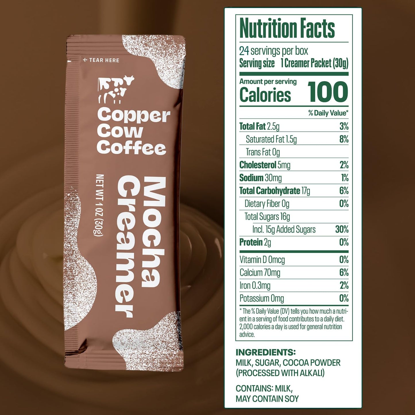 Copper Cow Coffee Sweetened Mocha Milk Creamer Singles (24 pack) | Vietnamese Inspired Coffee Creamer, All Natural Creamer Packets for Pour Overs & Lattes | No Refrigeration Needed