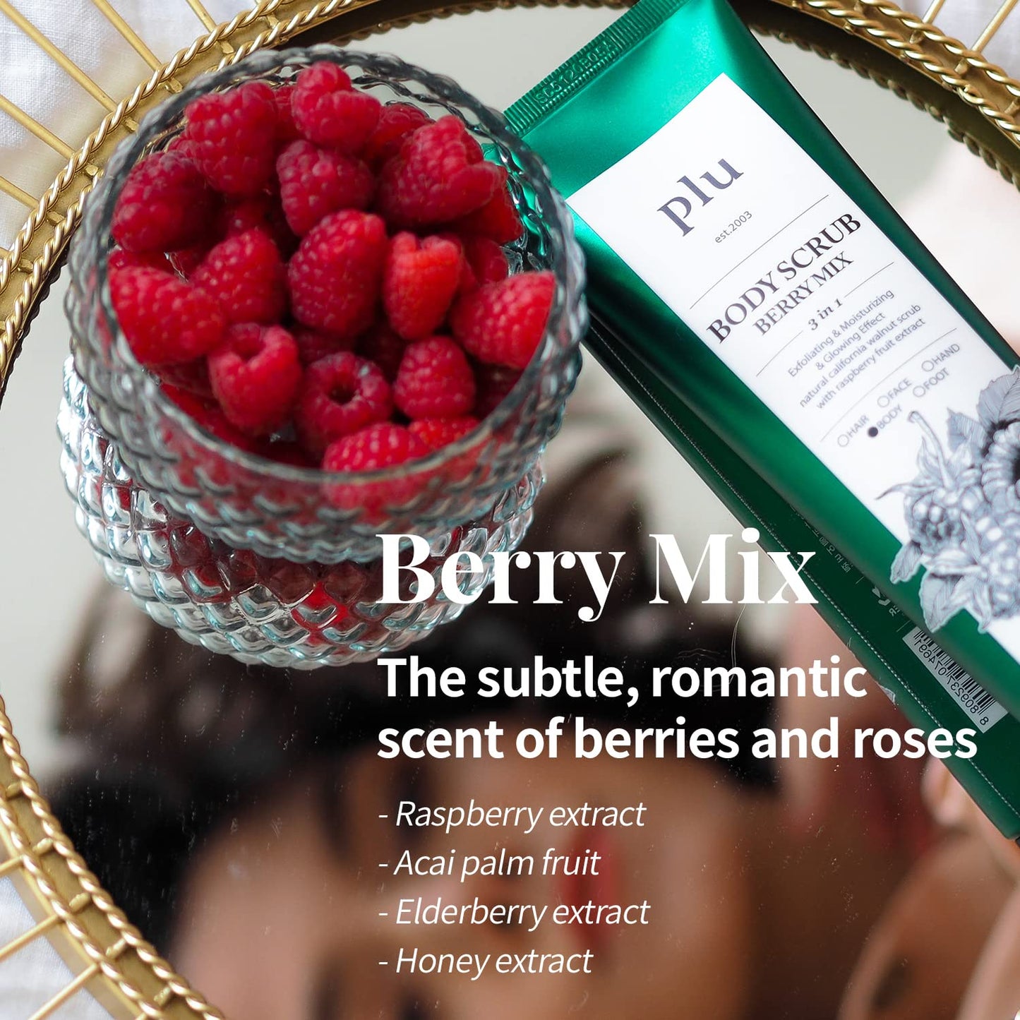 PLU Korean Original Walnut Body Scrub Polish - Berry Mix - Exfoliating & Moisturizing & Glow - for Acne, Cellulite, Stretch Marks, Spider Veins - Sweet Raspberry & Acai Berry Scent, 6.76 oz.