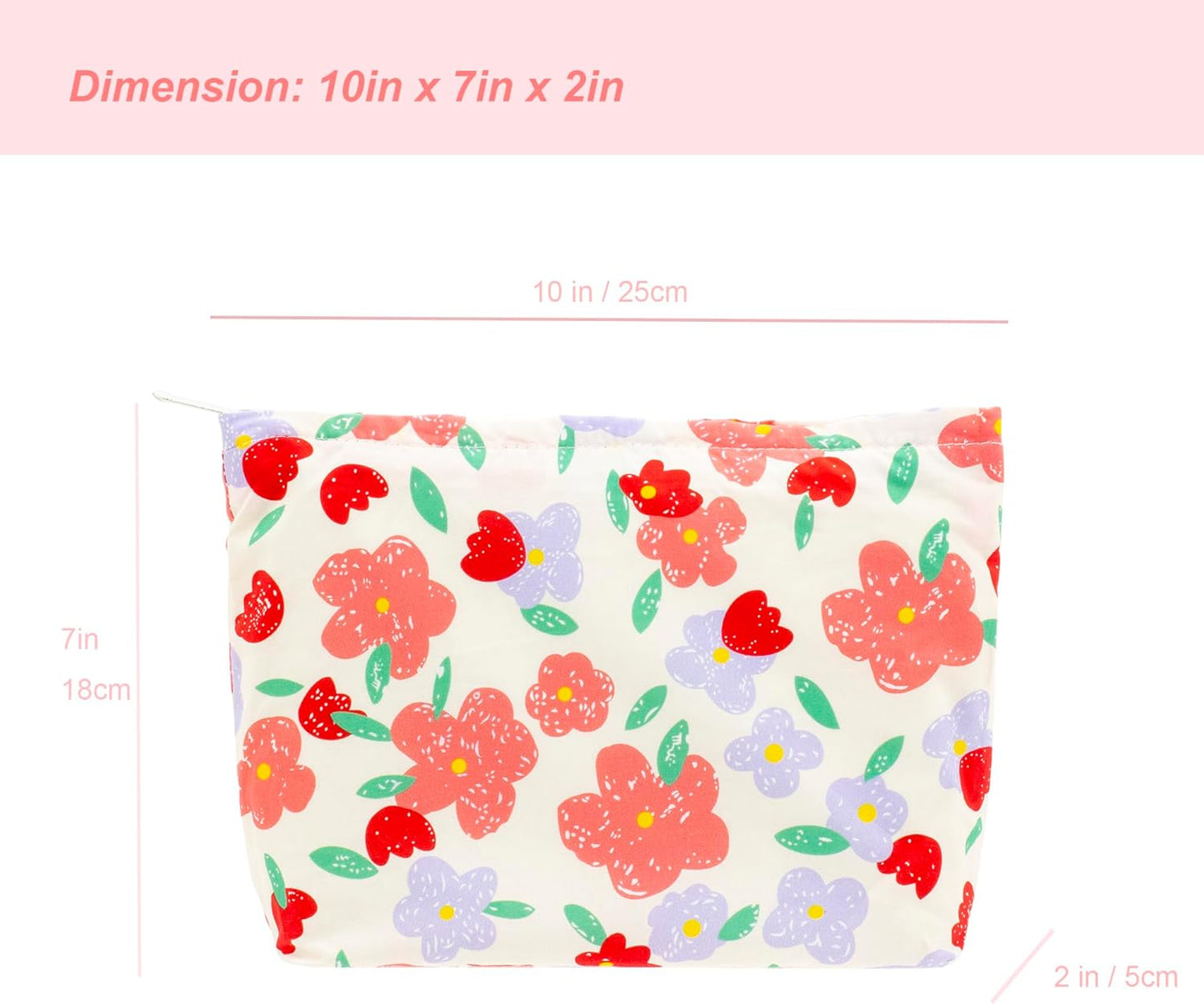 Floral Makeup Bag Large Cotton Zipper Pouch for Purse Travel Canvas Make Up Organizer for Women Cosmetic,Flower Pink