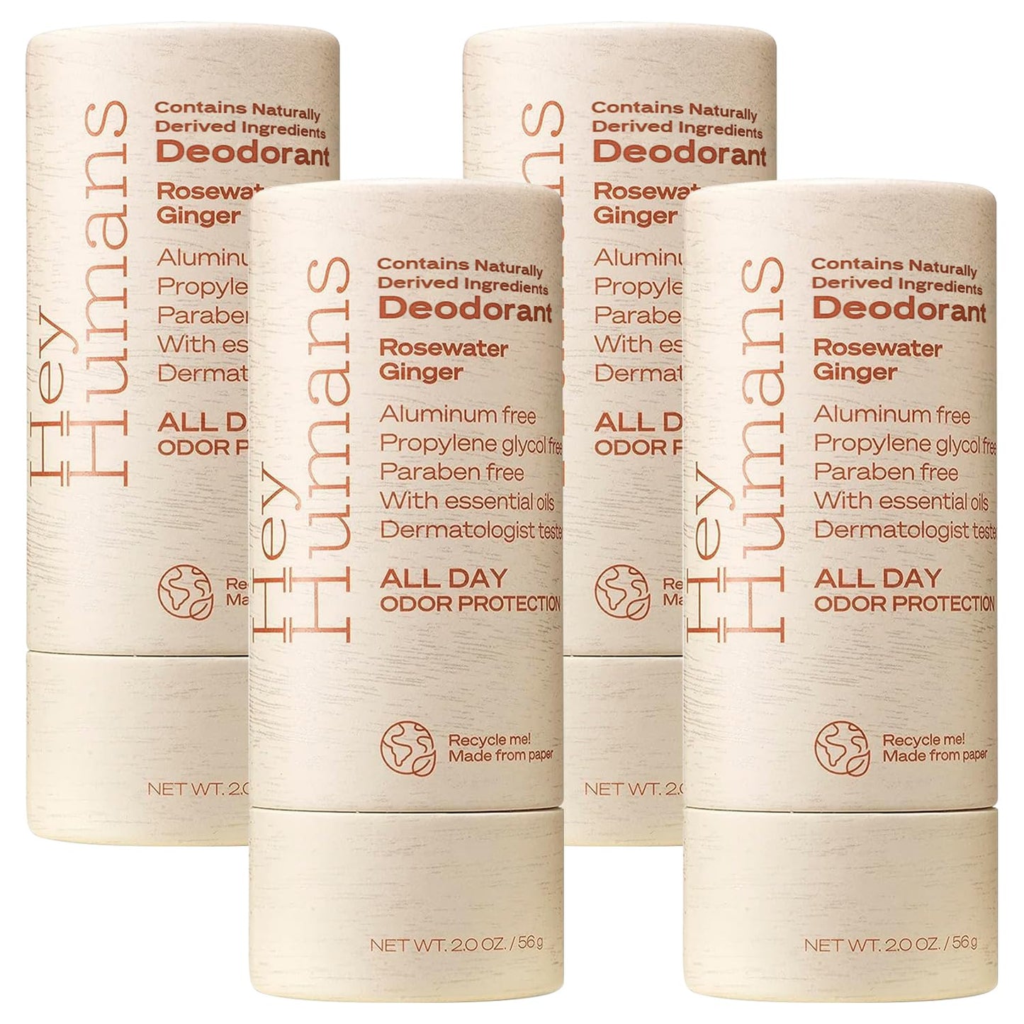 Hey Humans Deodorant, Aluminum Free Deodorant for Women and Men, Contains Naturally Derived Ingredients, All Day Odor Control, Refreshing Essential Oils, Earth Friendly Package, Rosewater Ginger