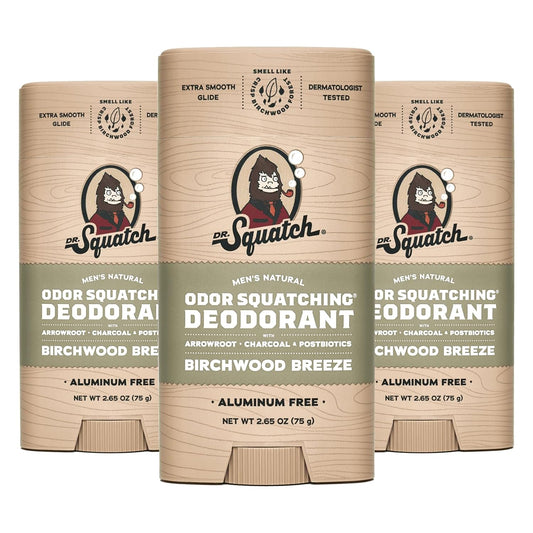Dr. Squatch Natural Deodorant for Men - Odor-Squatching Aluminum Free - Birchwood Breeze (2.65 oz, 3-Pack)