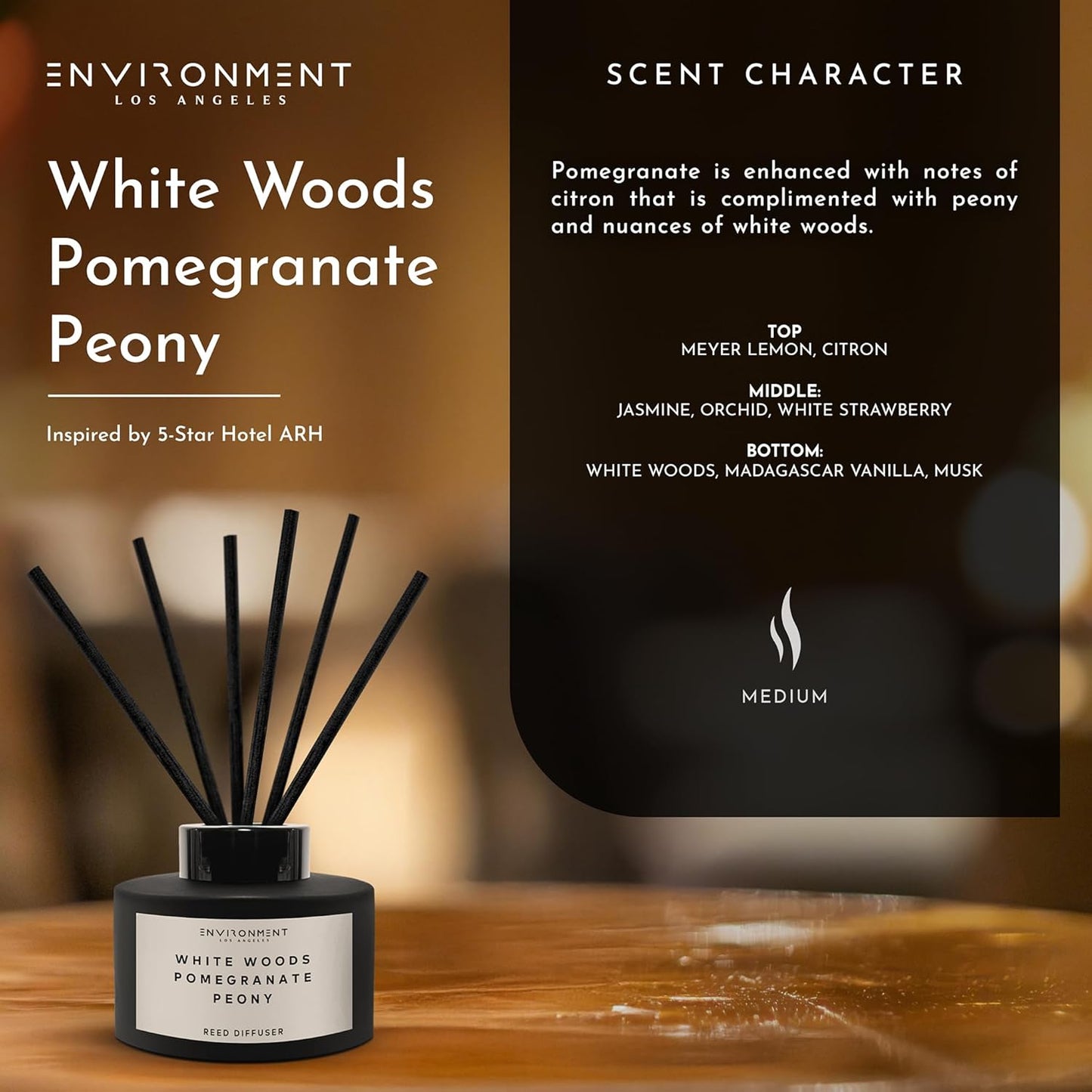 ENVIRONMENT Inspired by 5-Star Hotels ARH Reed Diffuser, 200ml Luxury Scented Aromatherapy (White Woods | Pomegranate | Peony) Reed Diffusers for Home, Diffusing Oil Fragrance, Home Fragrance Products