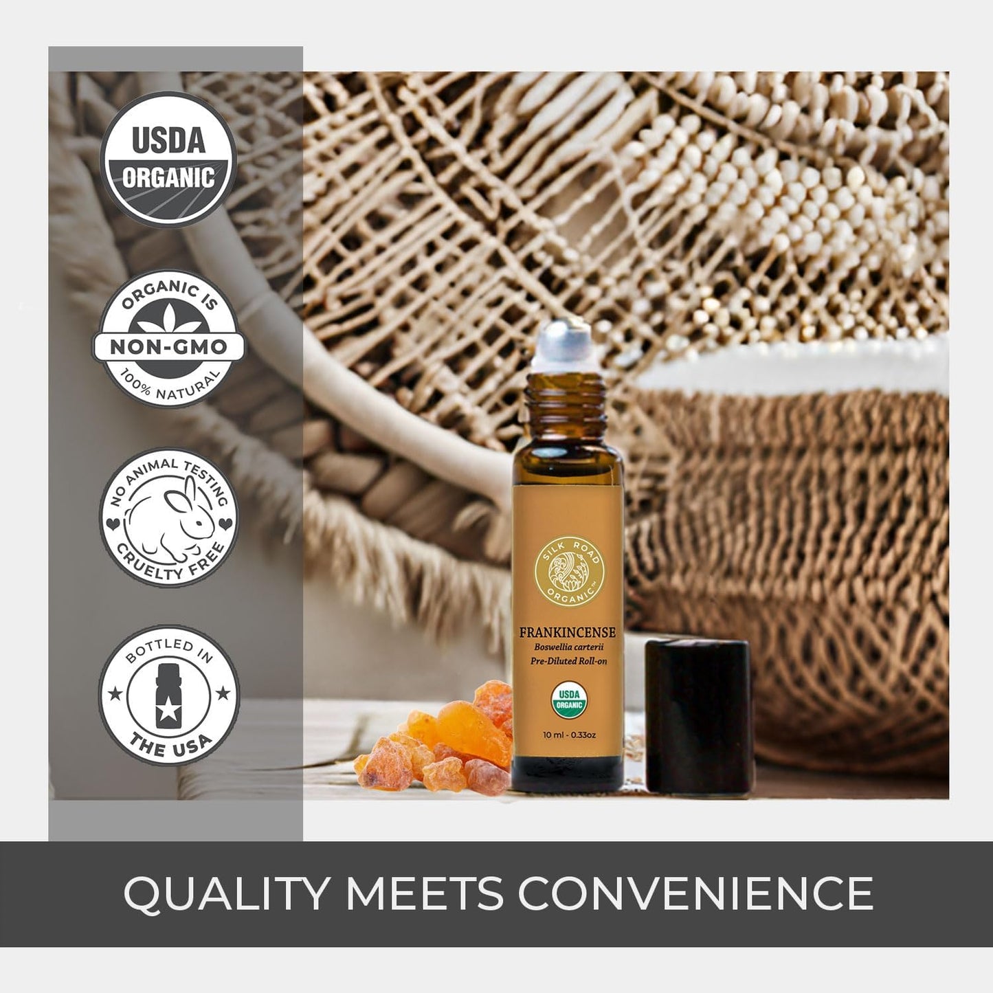 Silk Road Organic Frankincense Carterii Essential Oil Roll On, 100% Pure USDA Certified Aromatherapy for Radiant Skin, Body Aches, Stress Relief, & Calm - 10 ml Roller