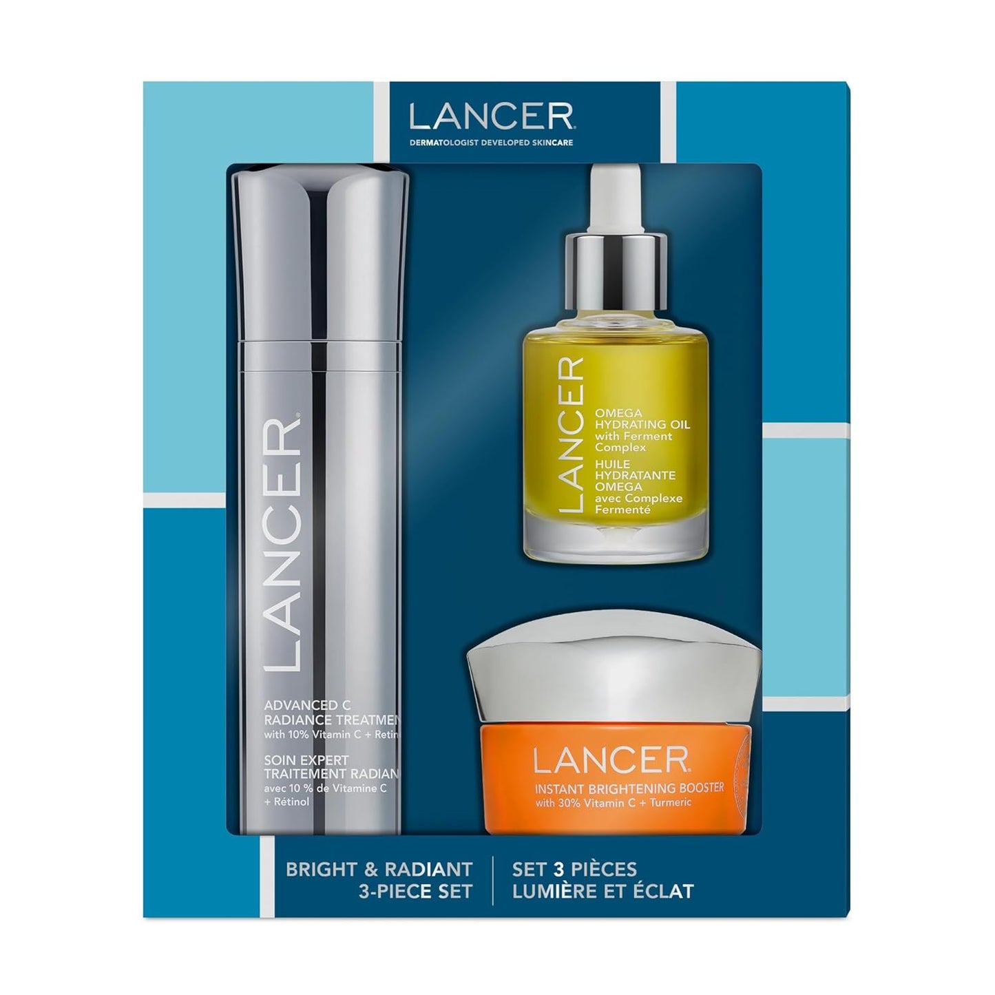 Lancer Skincare Bright & Radiant 3-Piece Set with Instant Brightening Booster, Omega Hydrating Oil, and Advanced C Radiance Treatment for Glowing Skin
