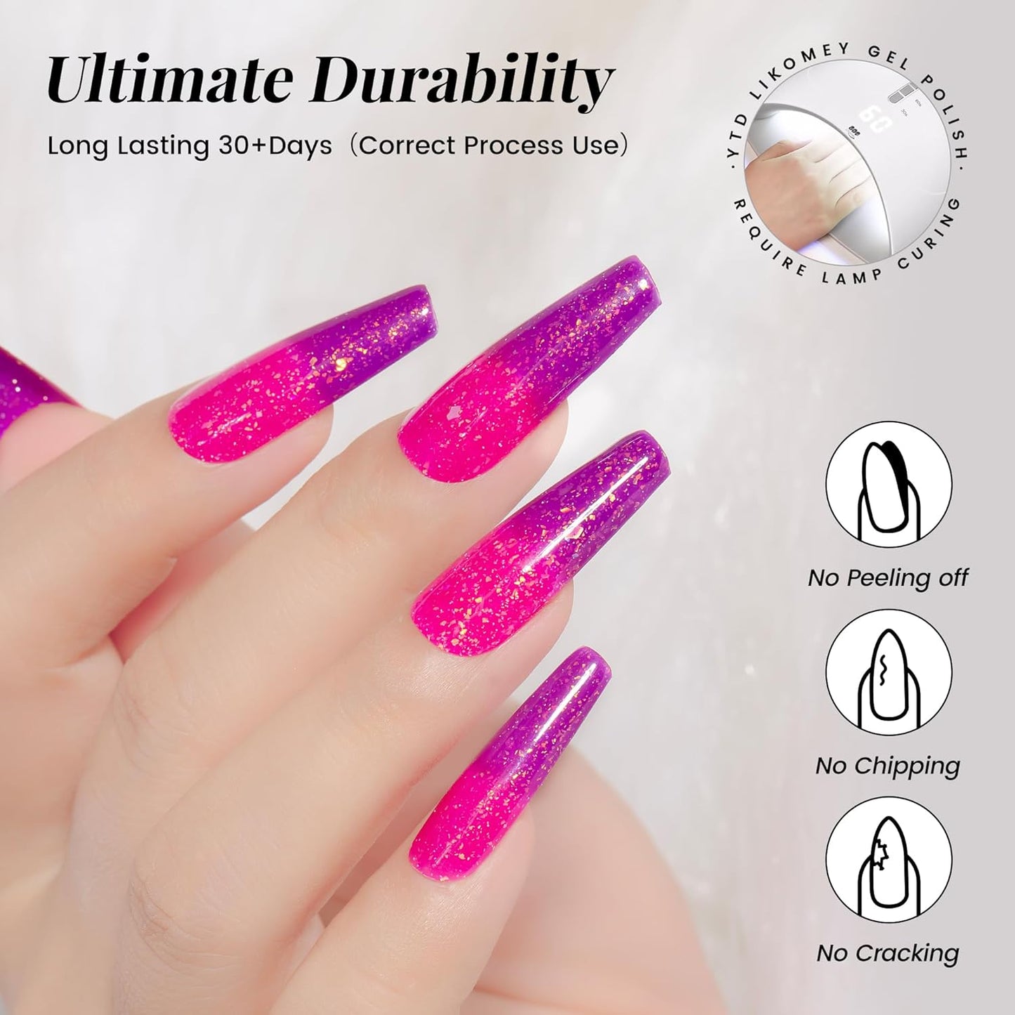 YTD Likomey Brocade Glitter Color Changing Gel Nail Polish,15ml Hot Pink To Violet Shimmer Glitter Mood Temperature Change Colors Iridescent Flakes,Fall Winter Thermal Ombre UV Nail Gel,WB351