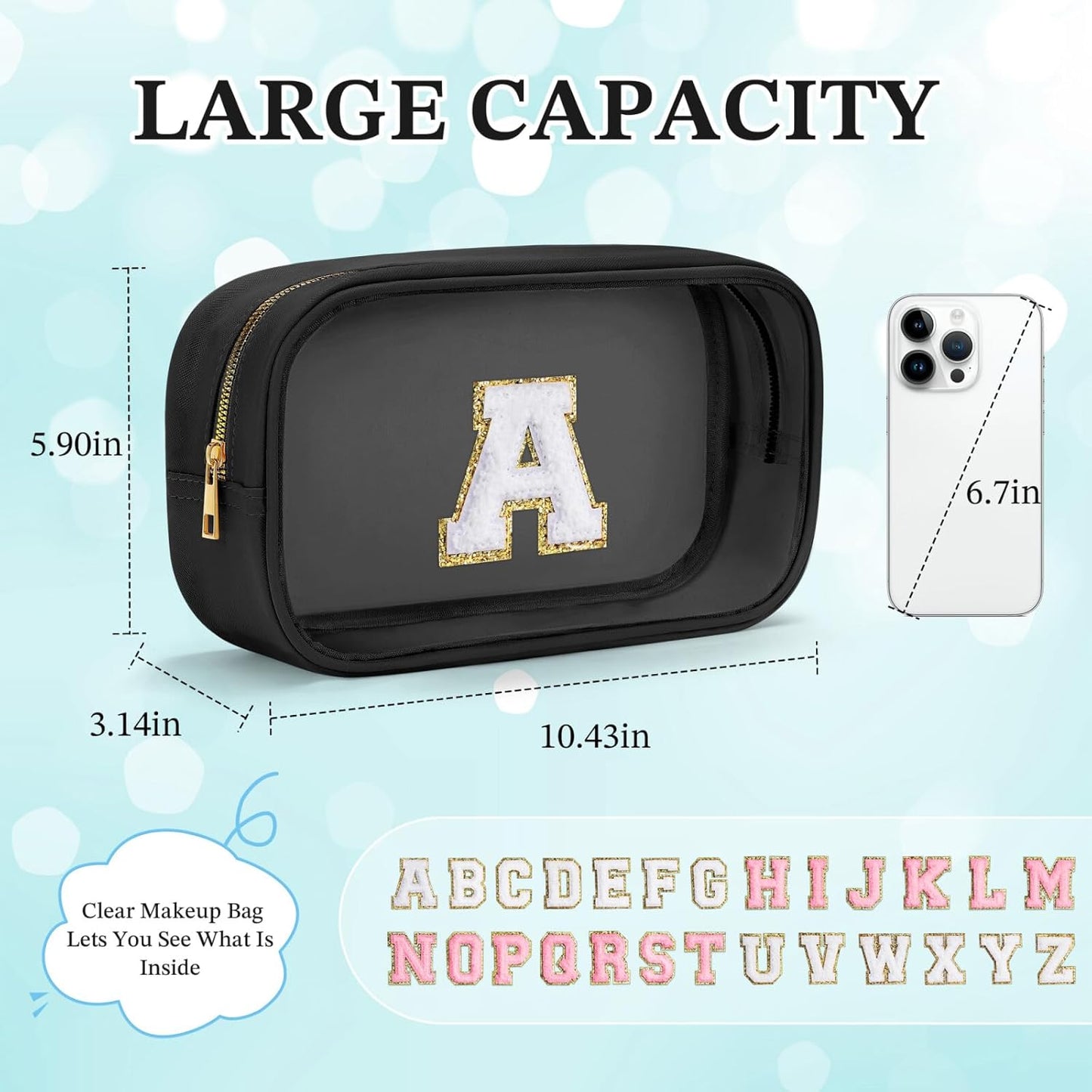 YOOLIFE Travel Clear Makeup Bag Toiletry Bag, Make up Bag Waterproof Toiletry Bags for Women Cosmetic Bag Birthday Gifts for Women Personalized Mother Girlfriend Wife Bridesmaid Gifts Black Letter O