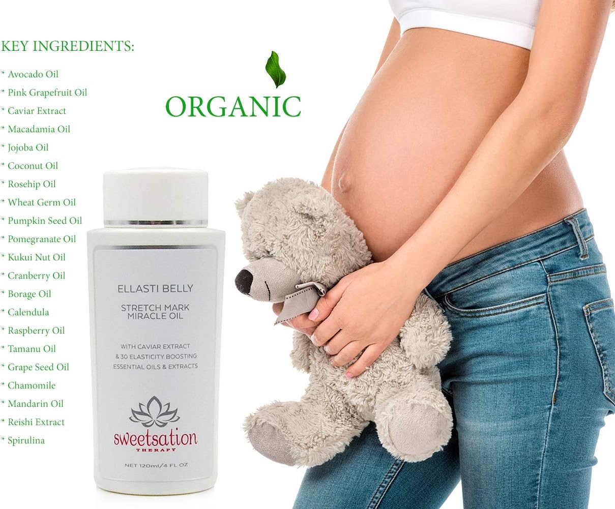 Sweetsation Therapy- Organic EllastiBelly Stretch Mark Miracle Oil, 4oz. Stretch Marks Prevention in Pregnancy With Omega 3,6,9, Vitamins,Amino Acids, 30+ Extracts to Boost Elasticity