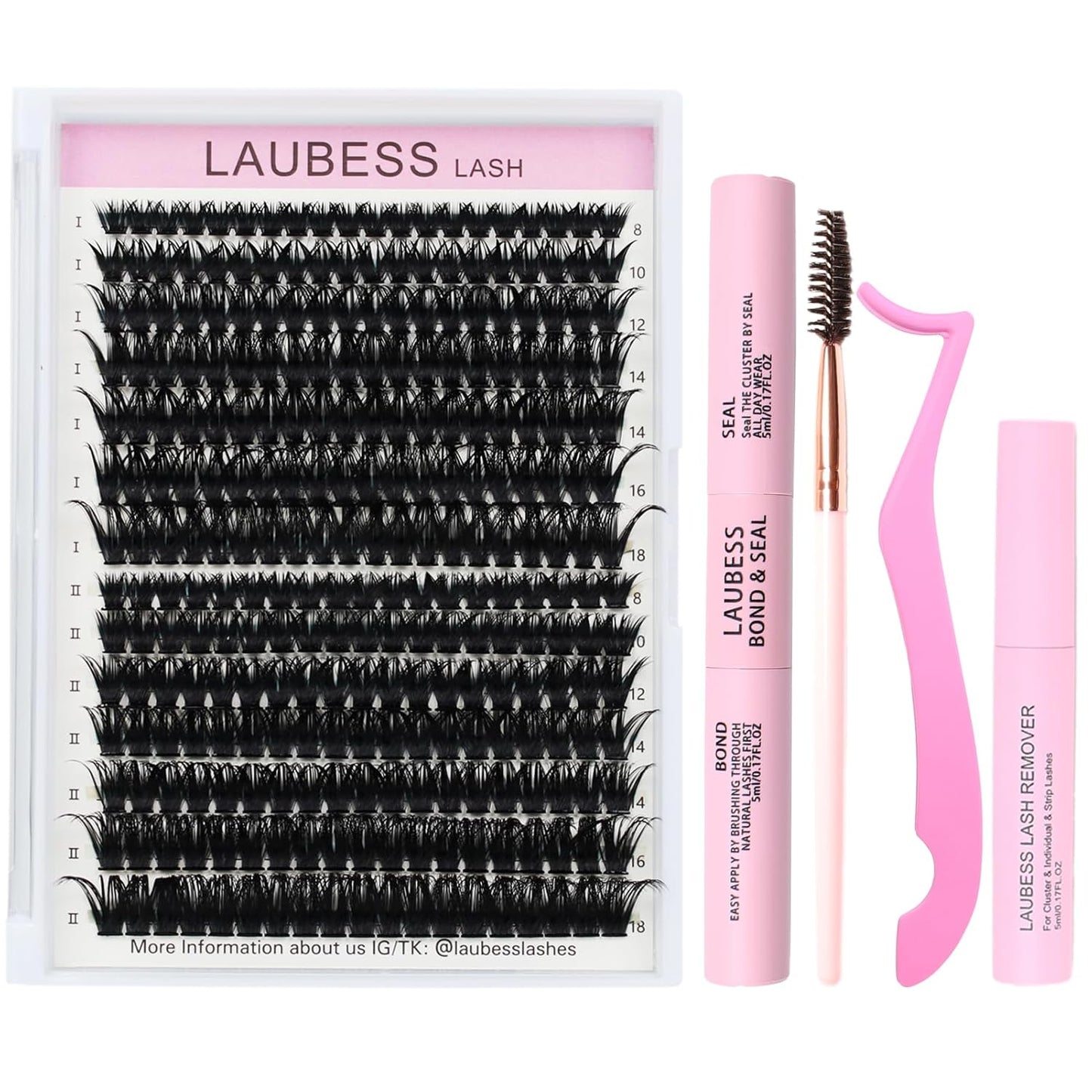 Lash Clusters Kit LAUBESS DIY Lash Extension Kit Lash Bond and Seal Waterproof Lash Glue Remover Tweezers Brush Cluster Eyelash Extensions Kit Eyelash Clusters (Kit 60D/80D-D-Mix8-18)
