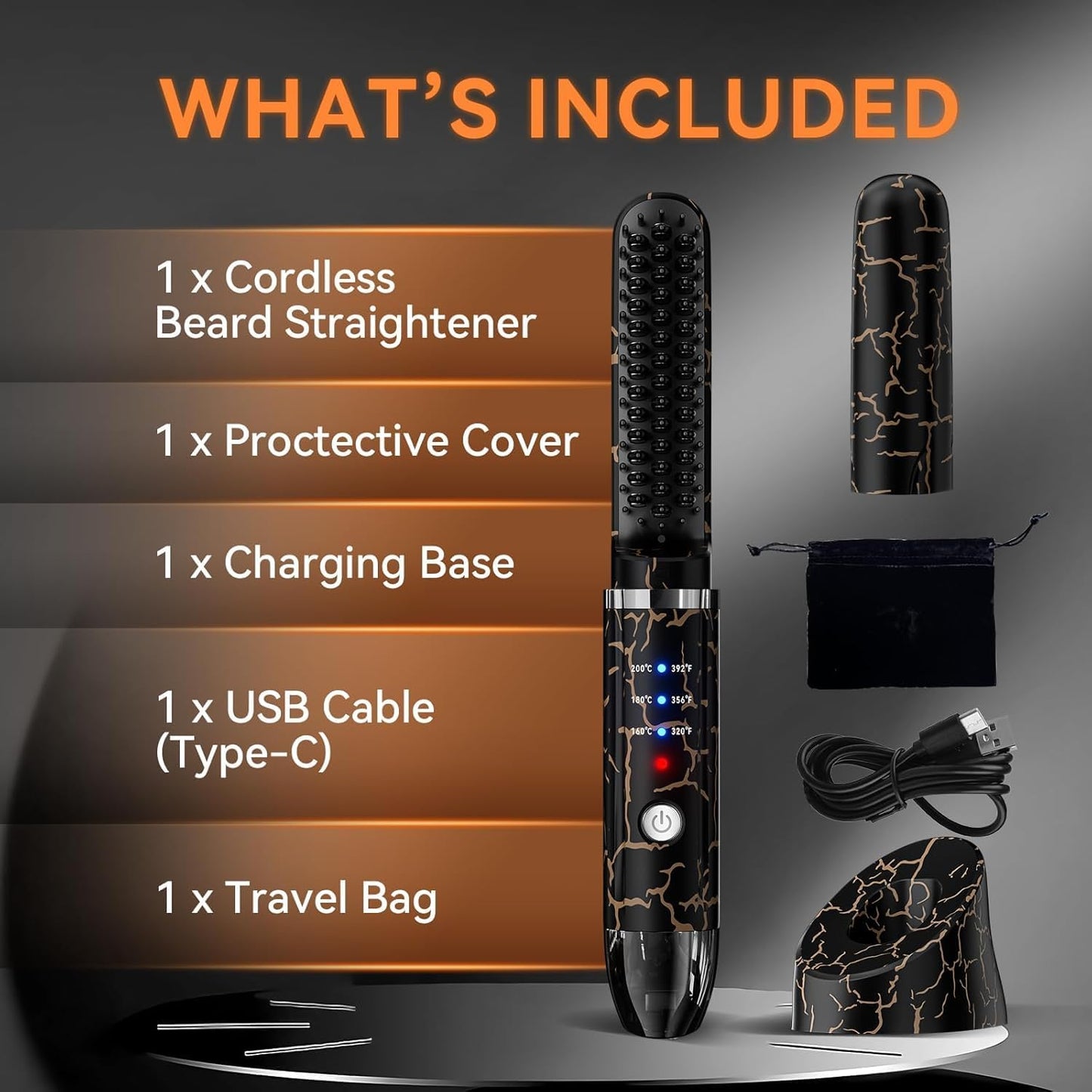 Beard Straightener for Men, Cordless Beard Heated Brush and Hair Straightener Hot Comb with 3 Temp Settings, Anti-Scald, Ionic Technology for Home Travel