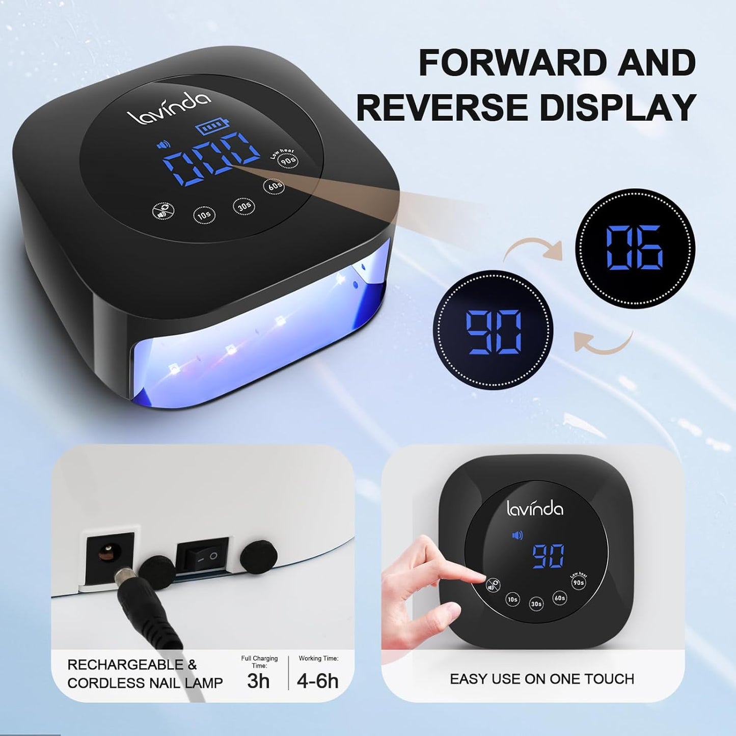 UV Light for Nails, Lavinda UV Nail Lamp 54W Rechargeable Nail Dryer Gel Polish Light with Large Touch Display, Professional Fast Curing Lamp with 4 Timer Setting Auto Sensor for Salon & Home