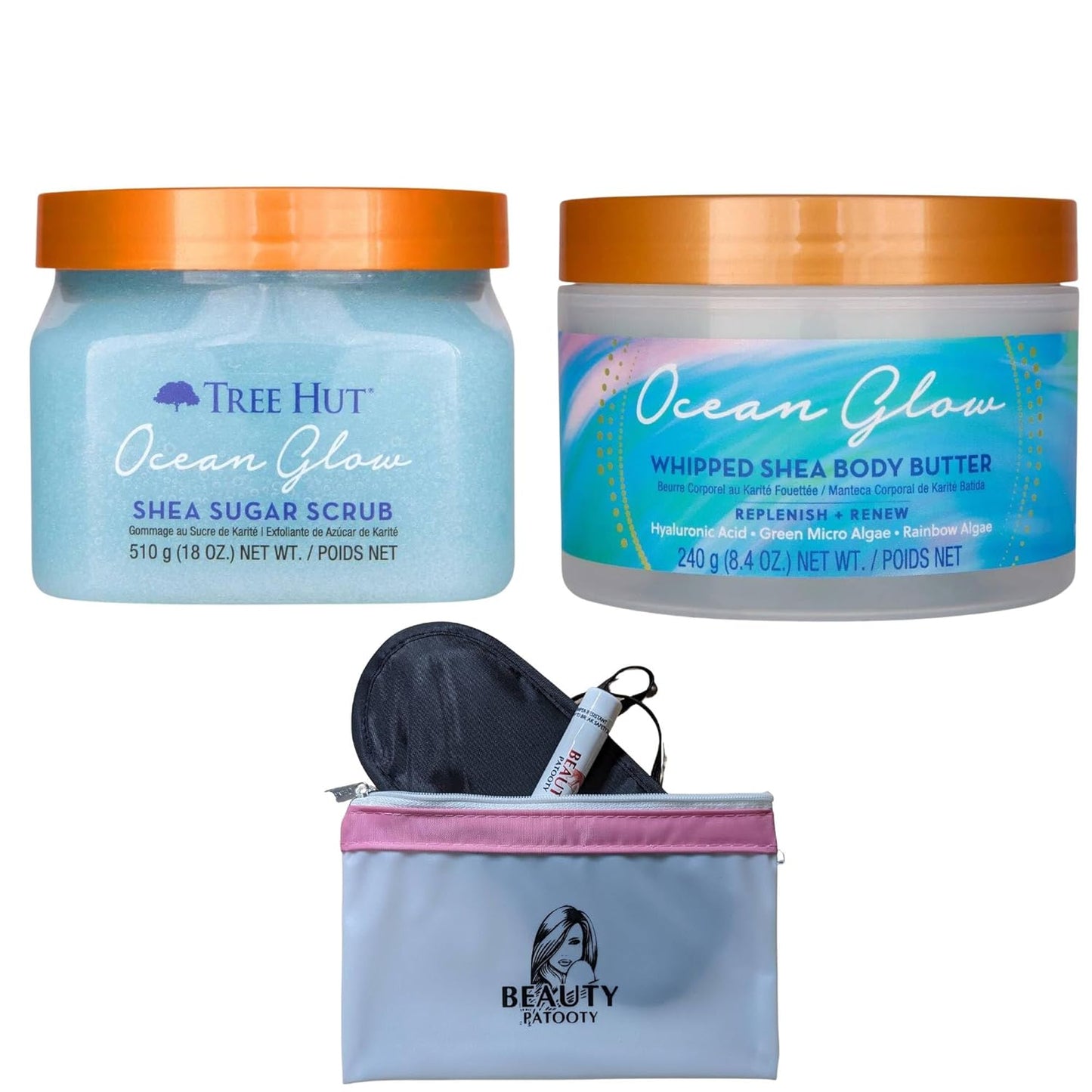 Ocean Glow Shea Sugar Scrub And Whipped Shea Body Butter Bundled With Beauty Patooty Self-Care Kit - Makeup Bag, Lip Balm, And Sleep Mask