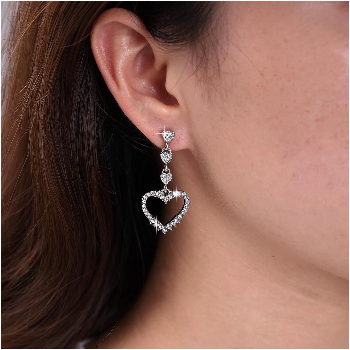 Vintage Rhinestone Heart Dangle Earrings Long Crystal Heart Earrings Silver Hollow Heart Drop Earrings Cz Love Heart Stud Earrings Jewelry for Women
