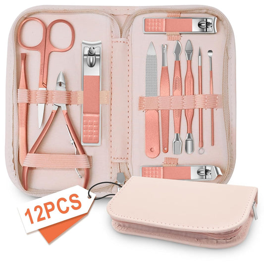 Manicure Set Nail Clipper Set Men Women 12 in 1 Nail Care Kit with Portable Case Travel Manicure Pedicure Tools Grooming Kit Beauty Salon(Rose Gold)