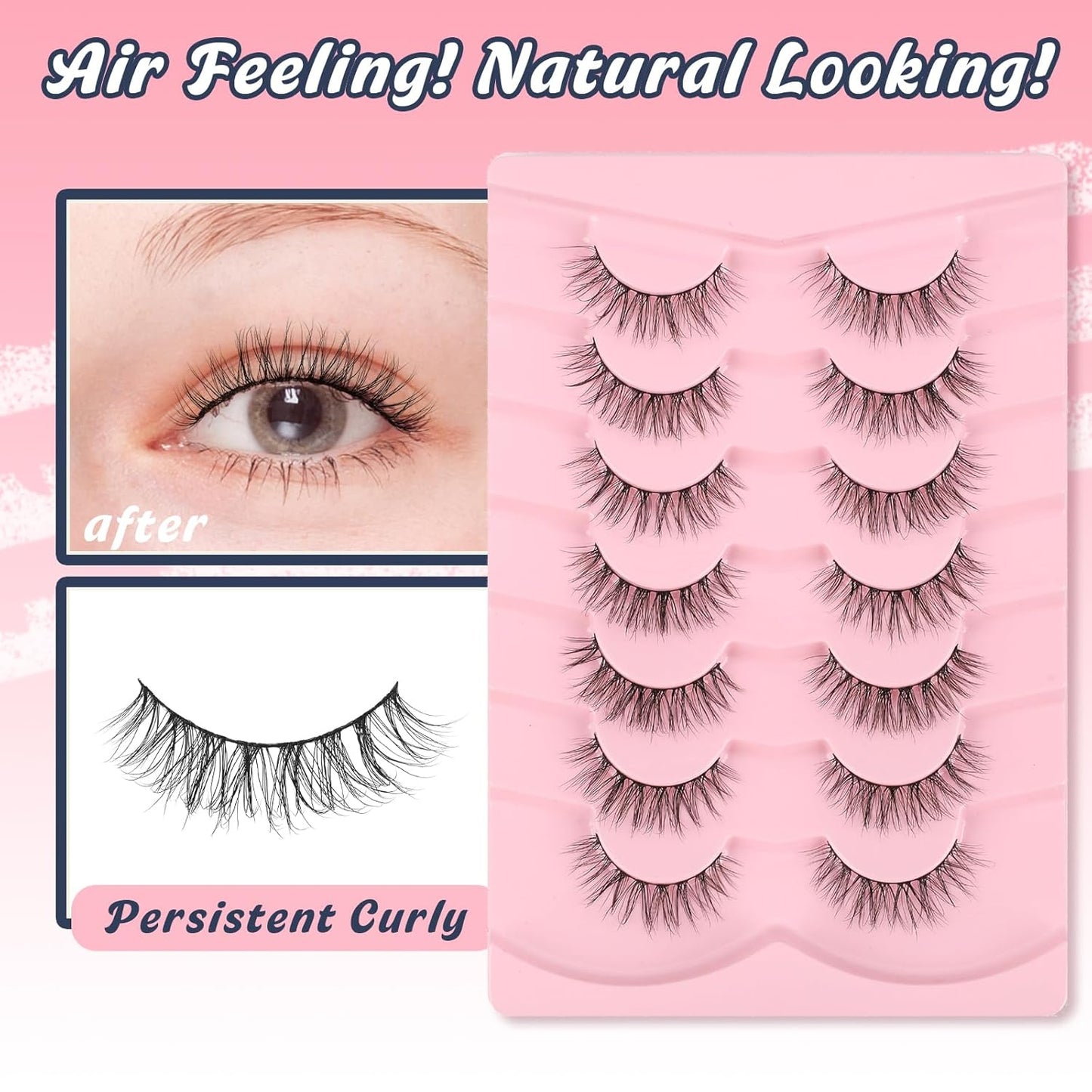 Lashes Natural Wispy Eyelashes 15mm Strip Lashes Pack False Eyelashes 0.1MM Thin Band C Curl Eye Lashes 3D Volume False Eyelashes Siligli Lashes 7 Pair