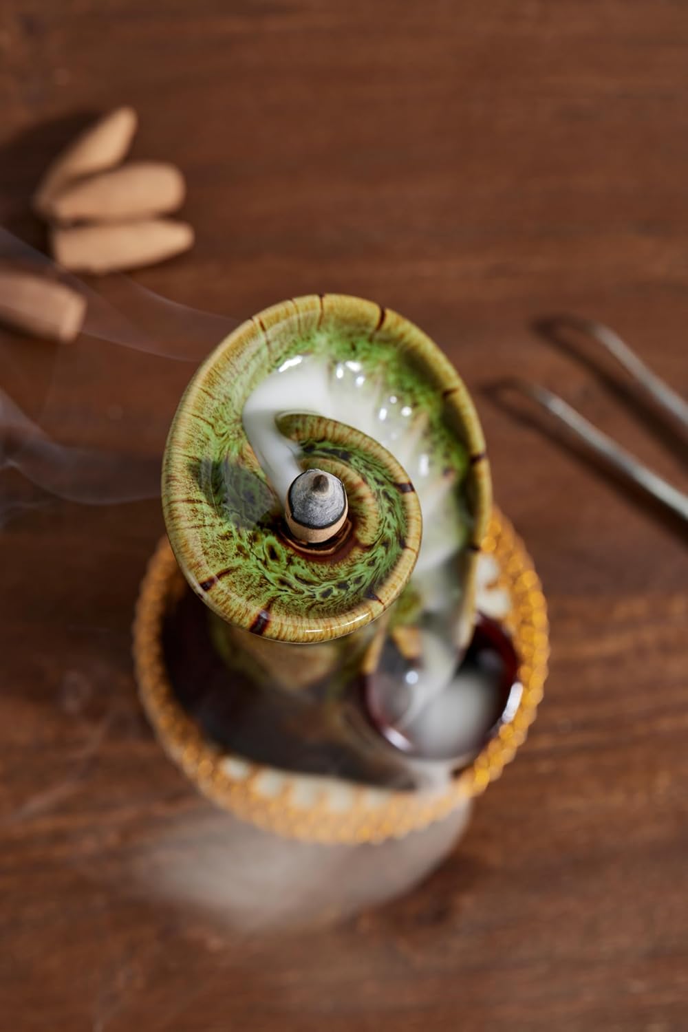 Unique Cloud Stairs Ceramic Waterfall Incense Holder, Paired with a Pack of Backflow Incense Cones. (Fambe Green)