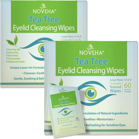 NOVEHA 120Pcs Tea Tree Oil Eyelid & Lash Wipes With Hyaluronic Acid, Green Tea & Chamomile For Blepharitis & Itchy Eyes, Individually Wrapped Eyelash Wipes, Natural Makeup Remover & Cleanser (2 Pack)