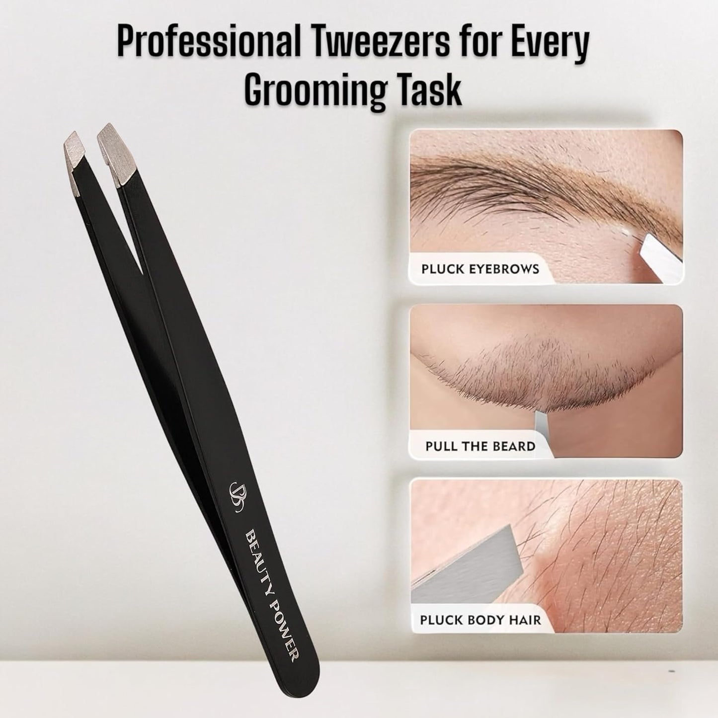 Slant Tip Precision Tweezers - Stainless Steel Eyebrow Tweezers for Women & Men - Precision Tweezers for Facial Hair, Ingrown Hair & Brow Shaping - Professional Beauty Tool (Matte Black)