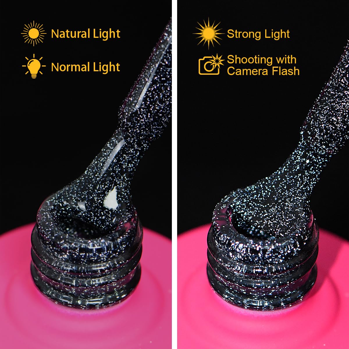 Reflective Glitter Gel Nail Polish, HEMA HPMA TPO Free, Black Flash Diamond Shimmer, Need UV Lamp Long Lasting Salon Perfect Gel Nail 15ML for Women (Dia-008)