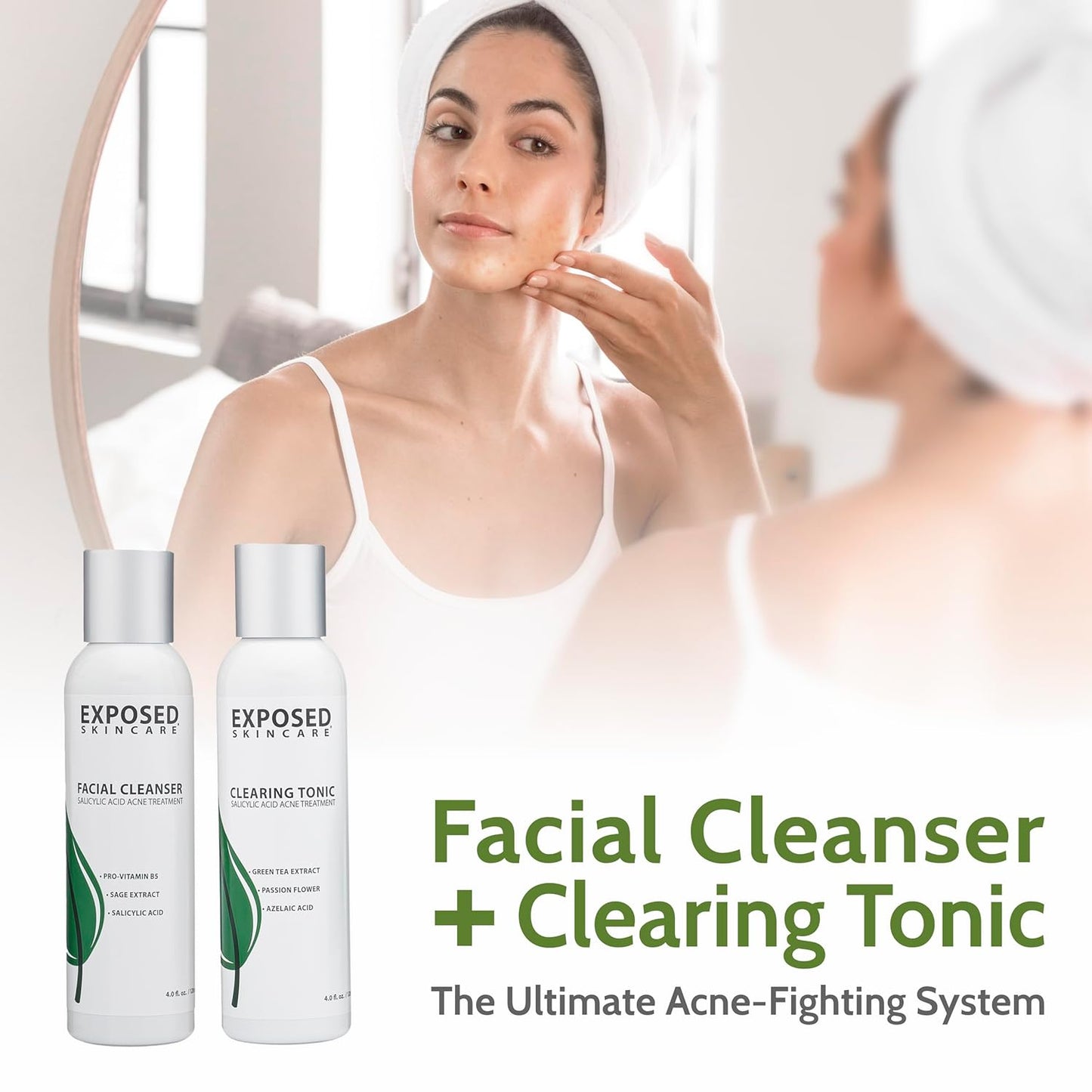 Exposed Skin Care Expanded Acne Treatment Kit - Includes Salicylic Acid Face Wash, Clearing Tonic, Treatment Serum with Benzoyl Peroxide, Clear Pore Serum, Moisture Complex - Made for All Skin Types