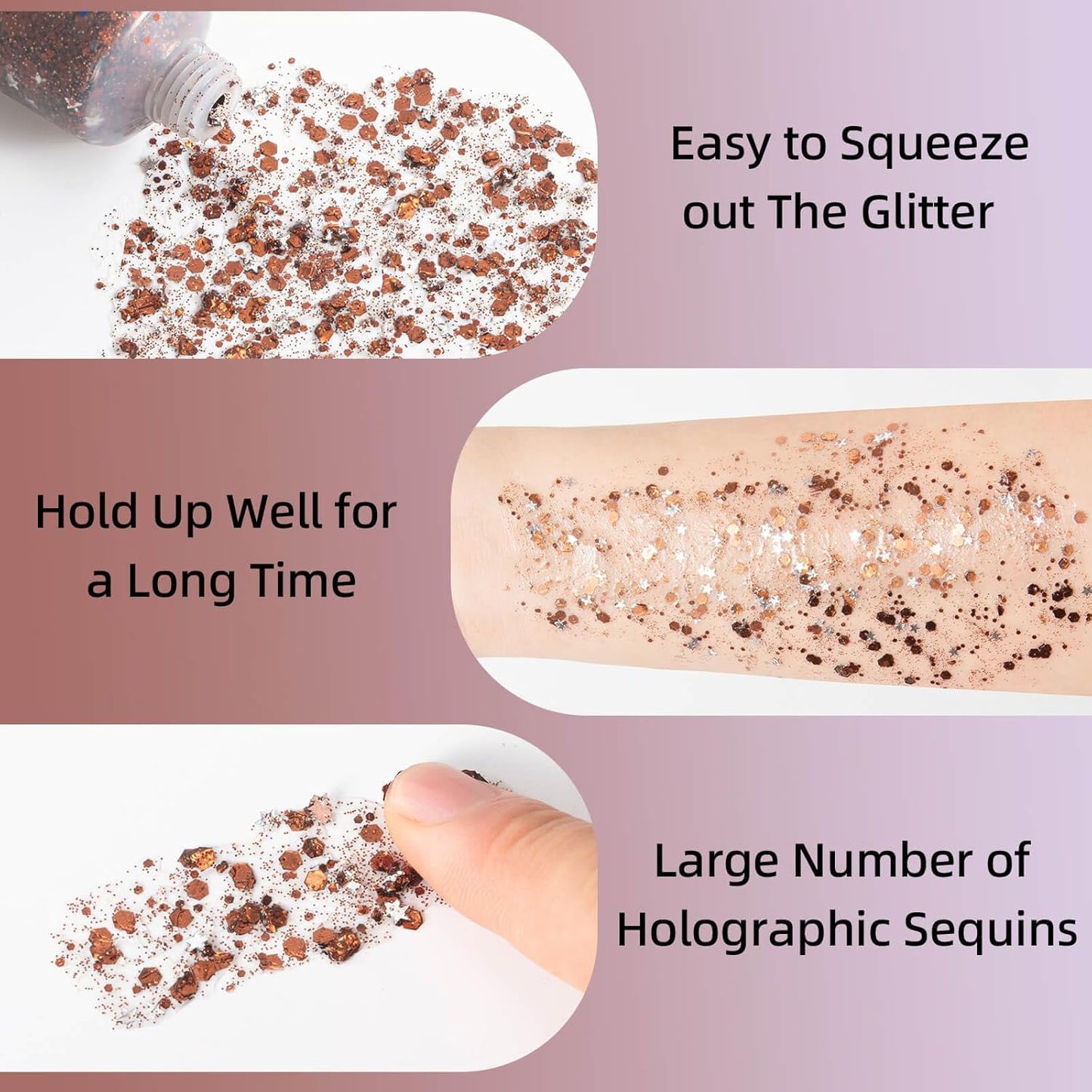 MEICOLY Brown Body Glitter,Deer Maroon Face Glitter Gel,Mermaid Sequins Halloween Glitter Face Paint,Chunky Glitter for Face Body Eye Lip Hair,Glitter Makeup for Women and Kids