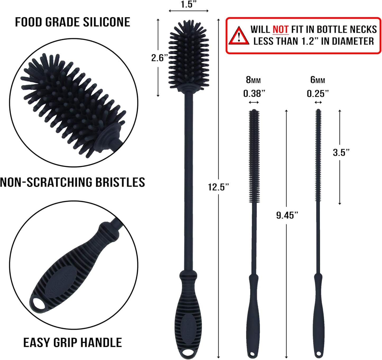 12.5" Silicone Bottle Brush & Straw Cleaner Brush Set | Water Bottle Cleaner for Hydro Flasks, Tumblers, Glassware, Vases and Narrow Neck Containers