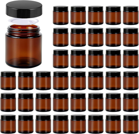 4 oz Glass Jars with Lids, Hoa Kinh 40 Pack Amber Small Glass Jars with Black Lids Empty Cosmetic Containers Airtight Round Glass Jar for Lotions, Powders and Ointments