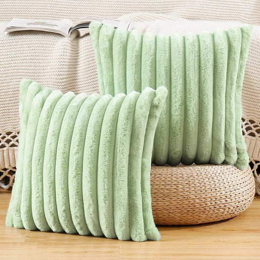 MADIZZ Set of 2 Faux Wool Plush Decorative Throw Pillow Covers 16x16 Inch Light Green Fluffy Striped Soft Decorative Cushion Cover for Sofa Bedroom Pillow Shell