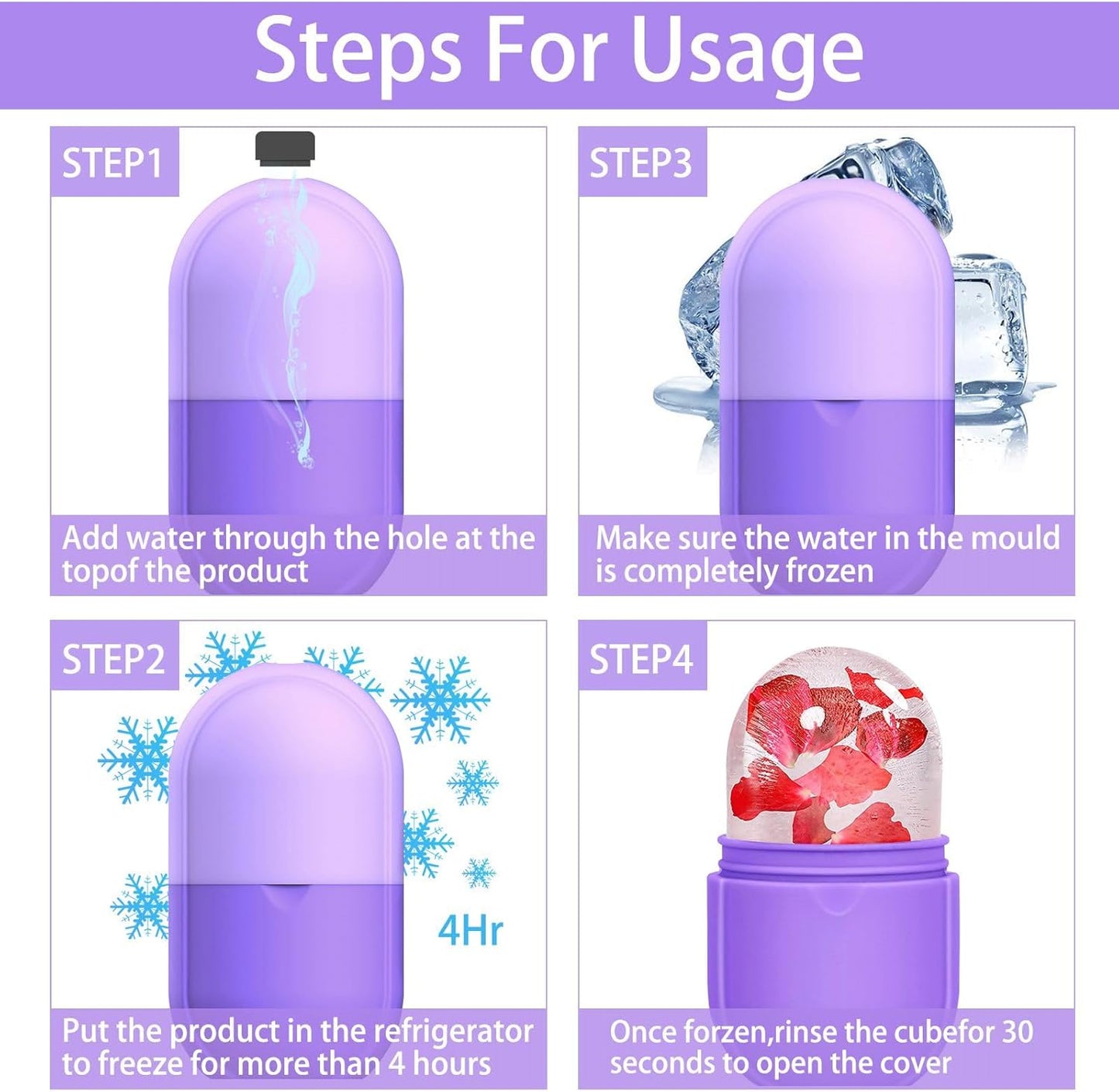 KOGITI Face Ice Roller & Mold - Beauty Facial Massage Tool for Puffiness Relief, Ice Cube Holder (New-Purple)