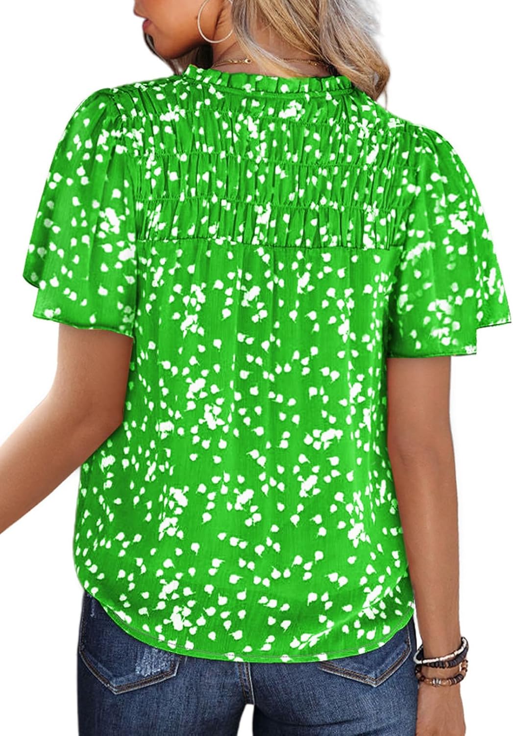 SHEWIN Women's Casual V Neck Floral Print Smocked Short Sleeve Chiffon Blouses Bohemian Top Shirts