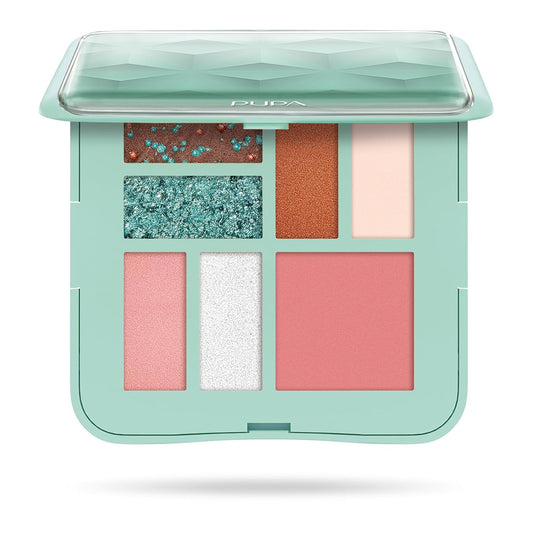 Pupa Milano Make-Up Palette S, 001 Tiffany, 0.28 oz - 7 Pan Eyeshadow Palette and Blush Palette with Matte, Shimmer Finish - Blendable Velvety Texture - Compact Travel-Friendly - Talc-Free Eye Makeup